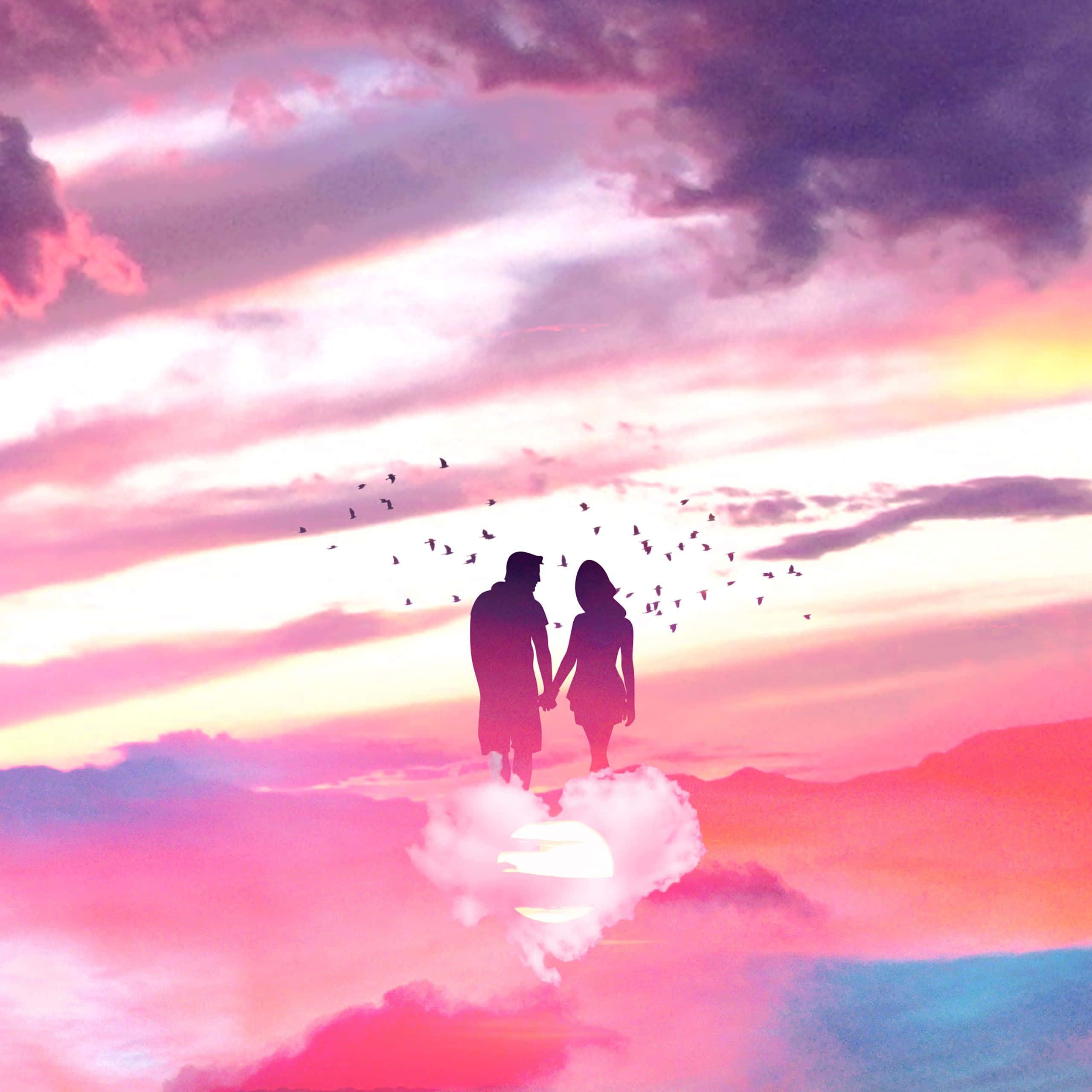 couple love 桌布 壁紙 — 一對情侶在鳥兒飛翔的鮮豔粉紫色日落天空下，於心形雲上牽手。