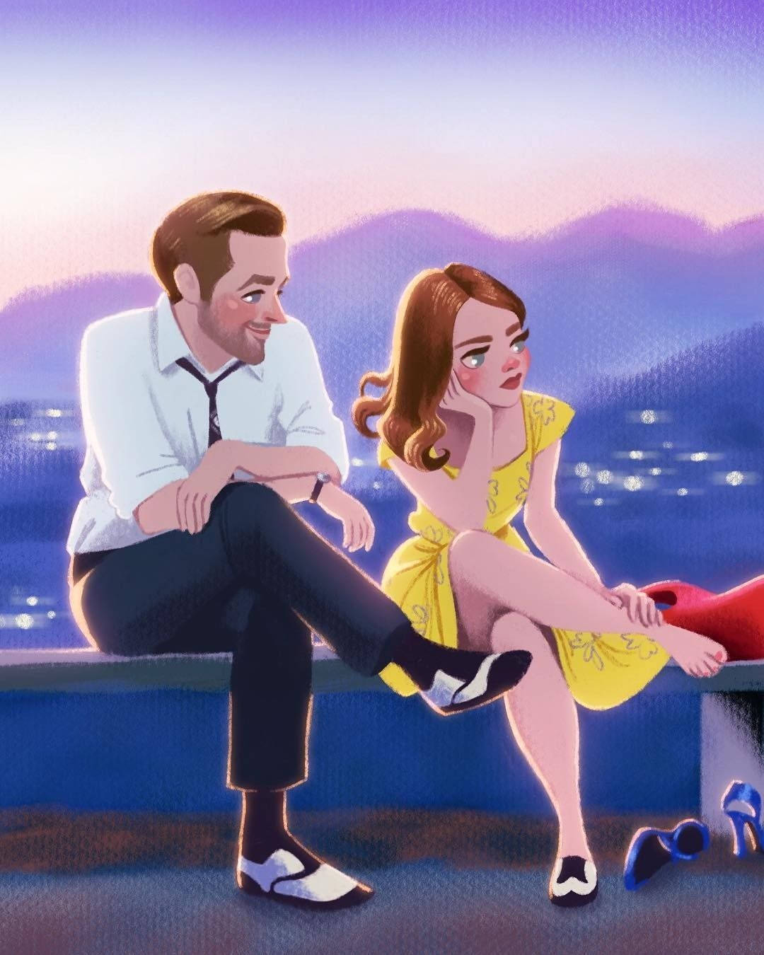 Cute Couple Cartoon 桌布 壁紙 — 一對情侶在黃昏時坐在屋頂上，男子溫暖地微笑，而身穿黃色連衣裙的女子若有所思地凝視著他。