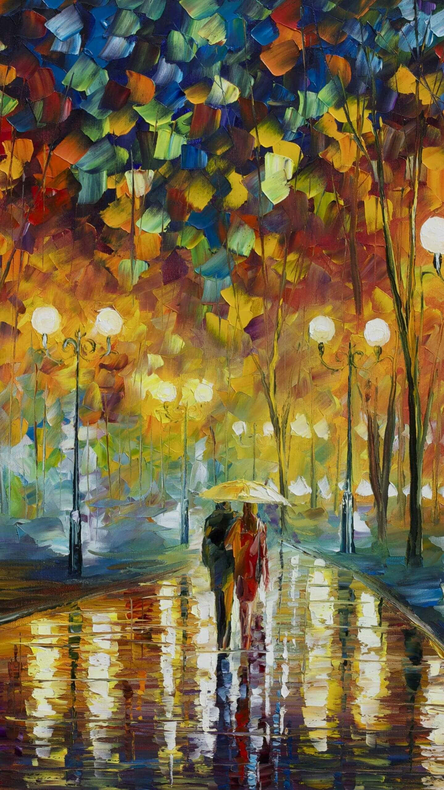 Oil Painting 桌布 壁紙 — 一對情侶在黃色雨傘下走在一條被雨水打濕的街道上，街道兩旁有發光的街燈和色彩繽紛的秋樹。