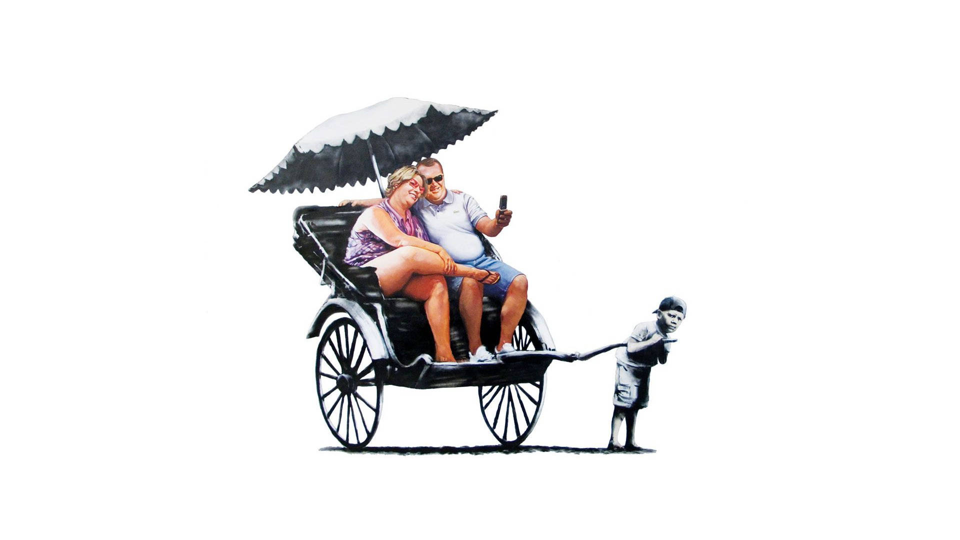 Banksy 桌布 壁紙 — 一對情侶坐在人力車上，黑色雨傘下，一個小男孩拉著他們，兩人都沉迷於手機。