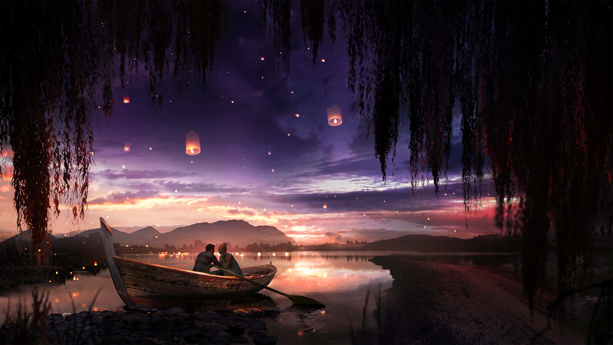 Love Couple 桌布 壁紙 — 一對情侶坐在垂柳下的船上，發光的燈籠漂浮在黃昏的湖面上，倒映著火紅的天空。