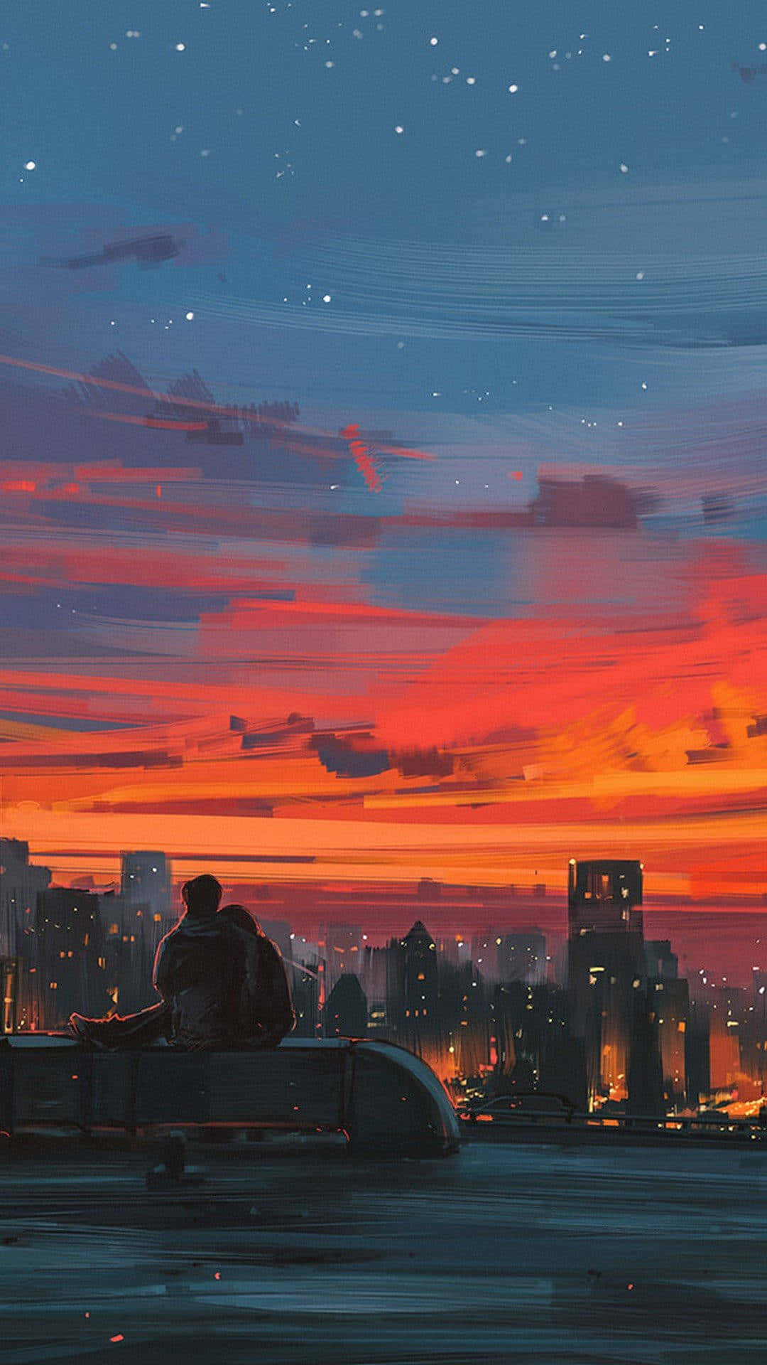 Animated 桌布 壁紙 — 一對情侶坐在屋頂上，俯瞰城市天際線，熾熱的橙色和紅色雲彩劃過繁星點點的暮色天空。