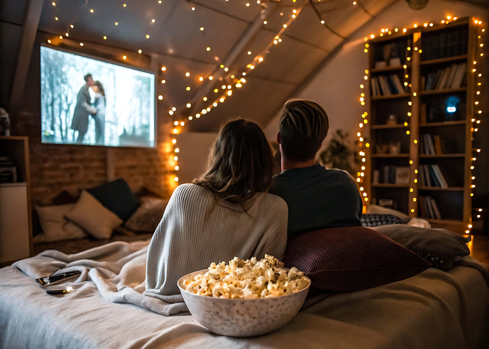 Couple watching movie home 壁紙 — 一對情侶坐在床上觀看螢幕上的電影，附近有燈串和爆米花碗。