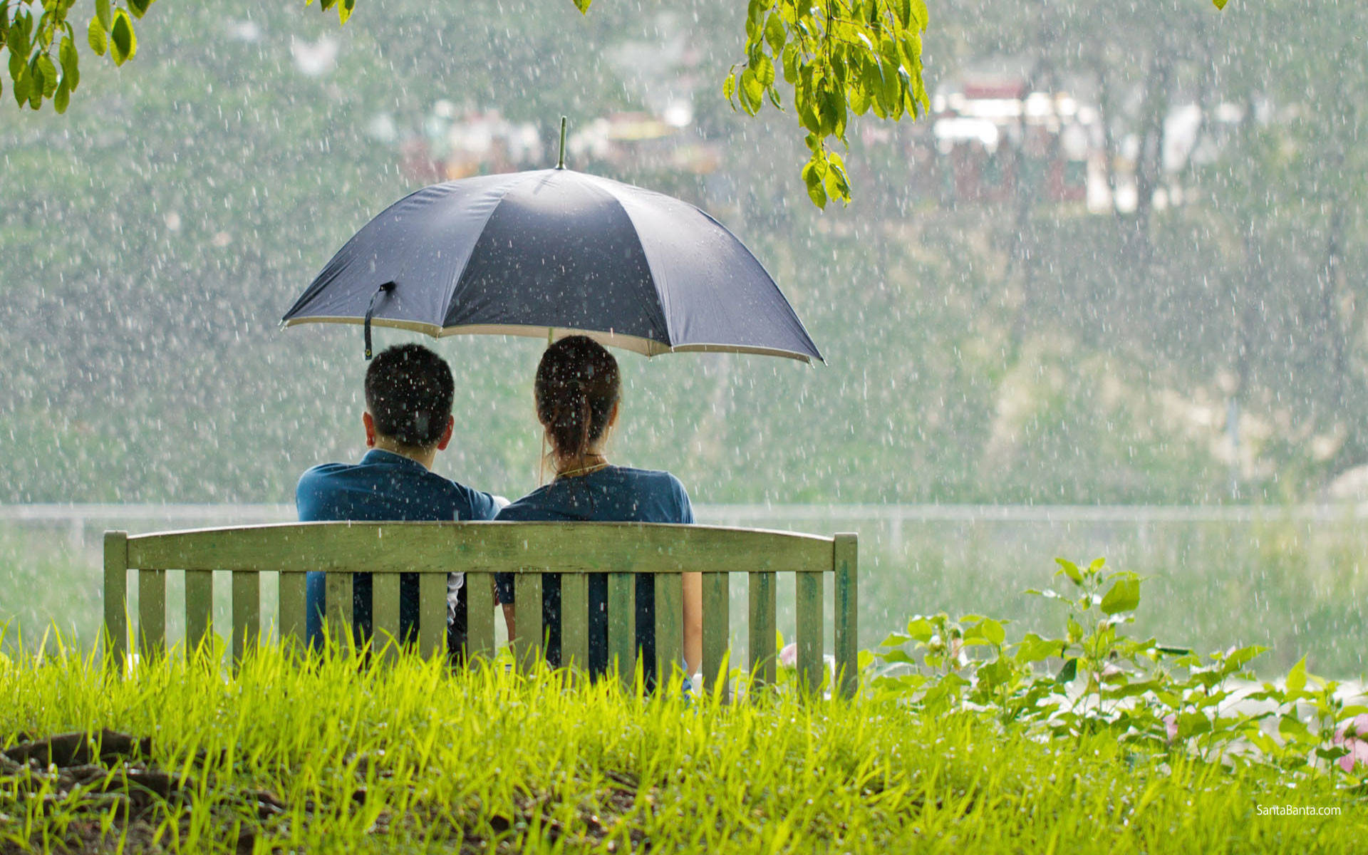 Raining 桌布 壁紙 — 一對情侶坐在黑色雨傘下的木長椅上，看著雨水落在綠色公園上，背景有模糊的樹木和水面。