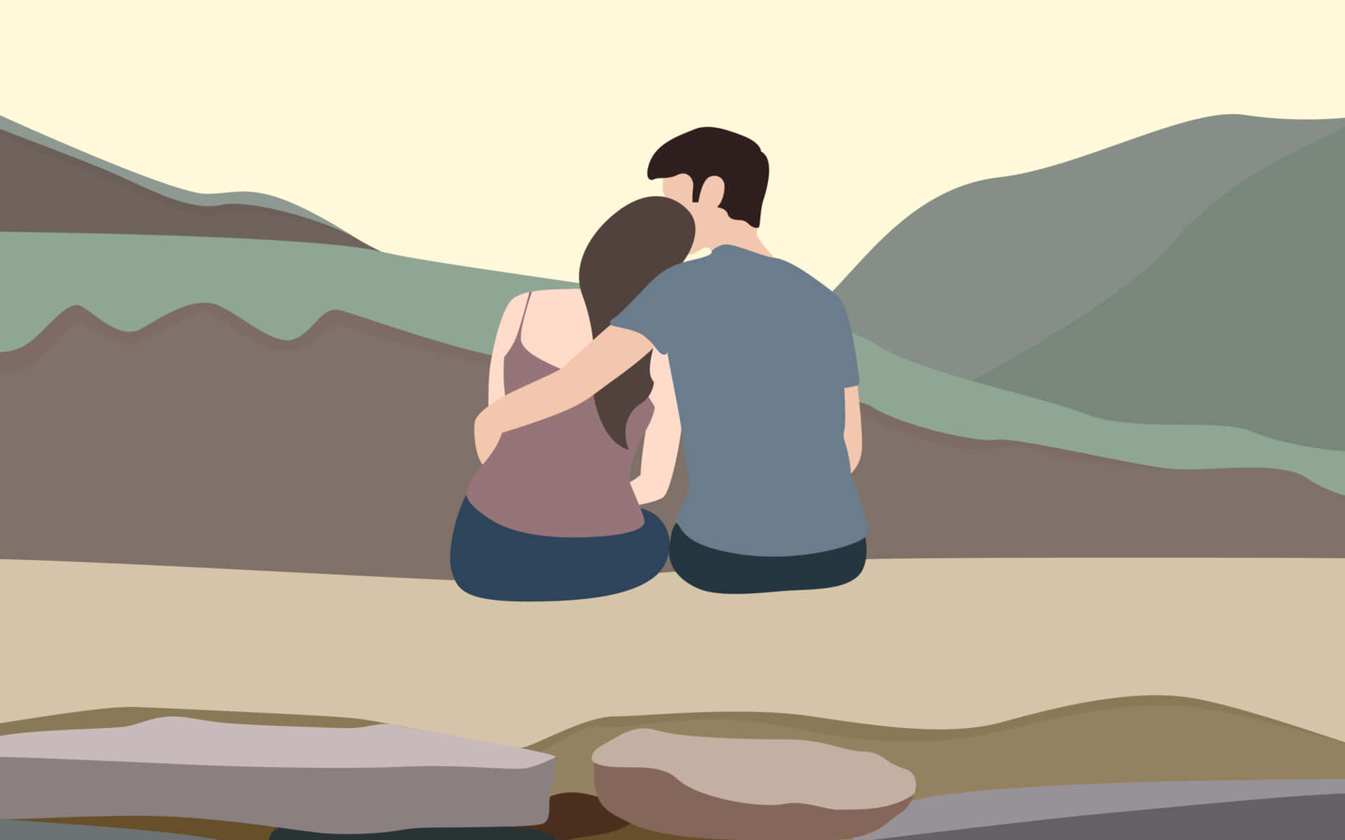 Sitting Pose 桌布 壁紙 — 一對情侶從背後擁抱，一起坐著俯瞰寧靜的山景。