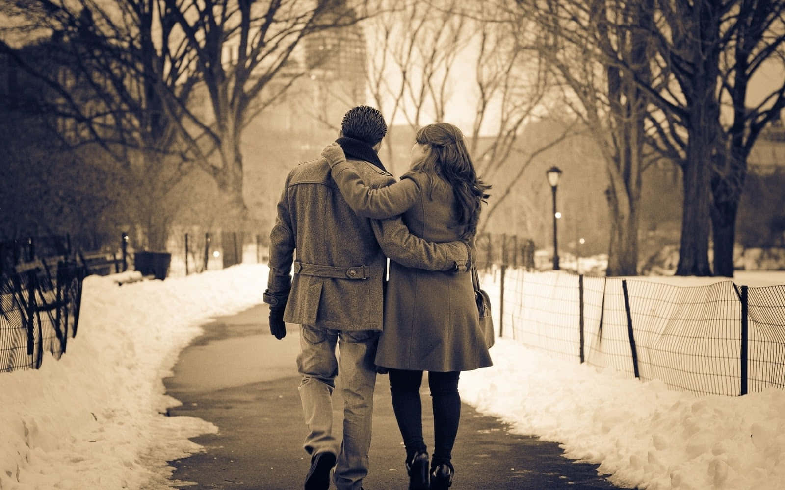 Love Couple 桌布 壁紙 — 一對情侶手挽手走在冬天公園的雪徑上，從背後觀看。