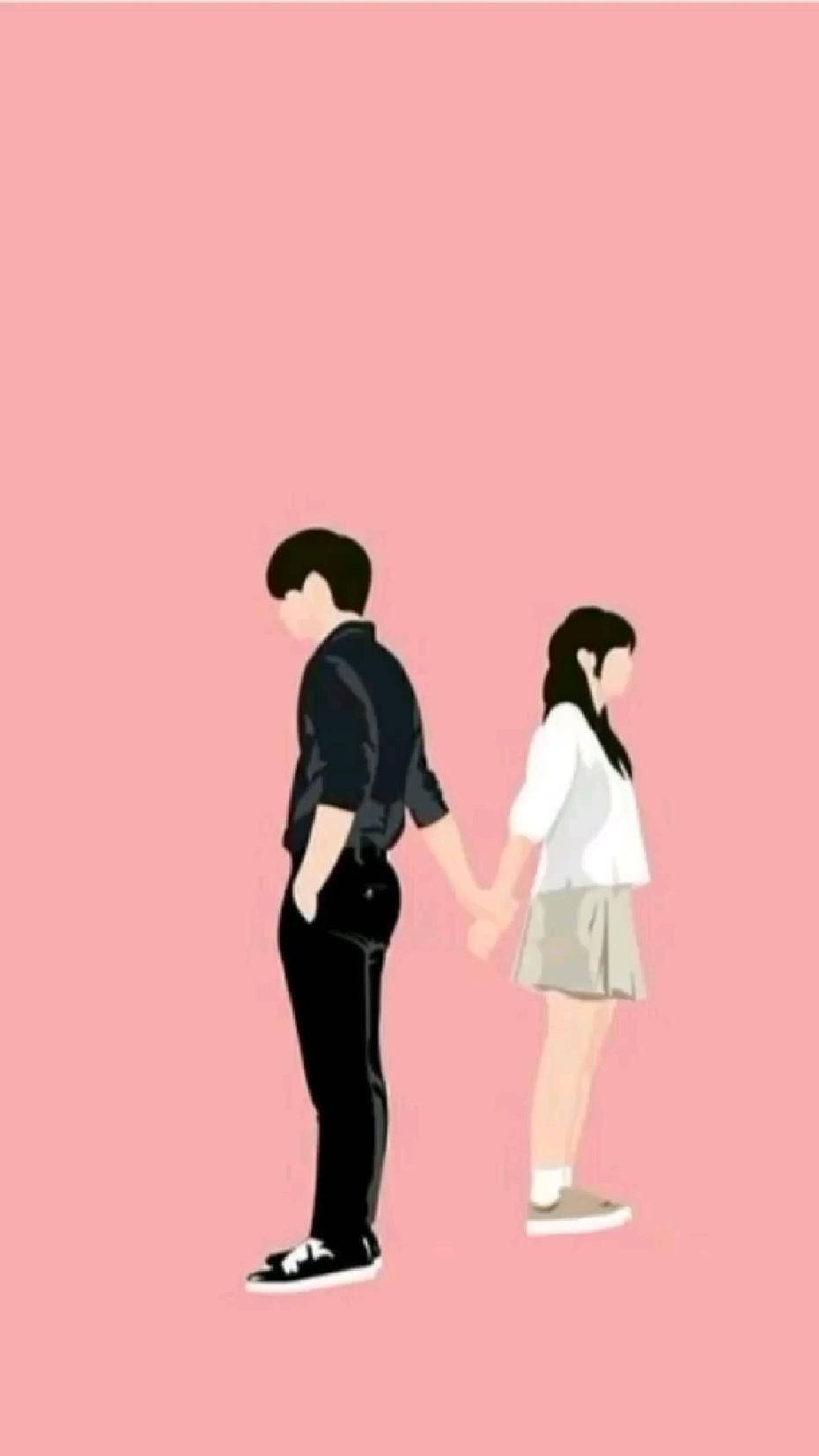 Love Cute Couple 桌布 壁紙 — 一對情侶手牽手，在純粉紅色背景上互相遠離的極簡插圖。