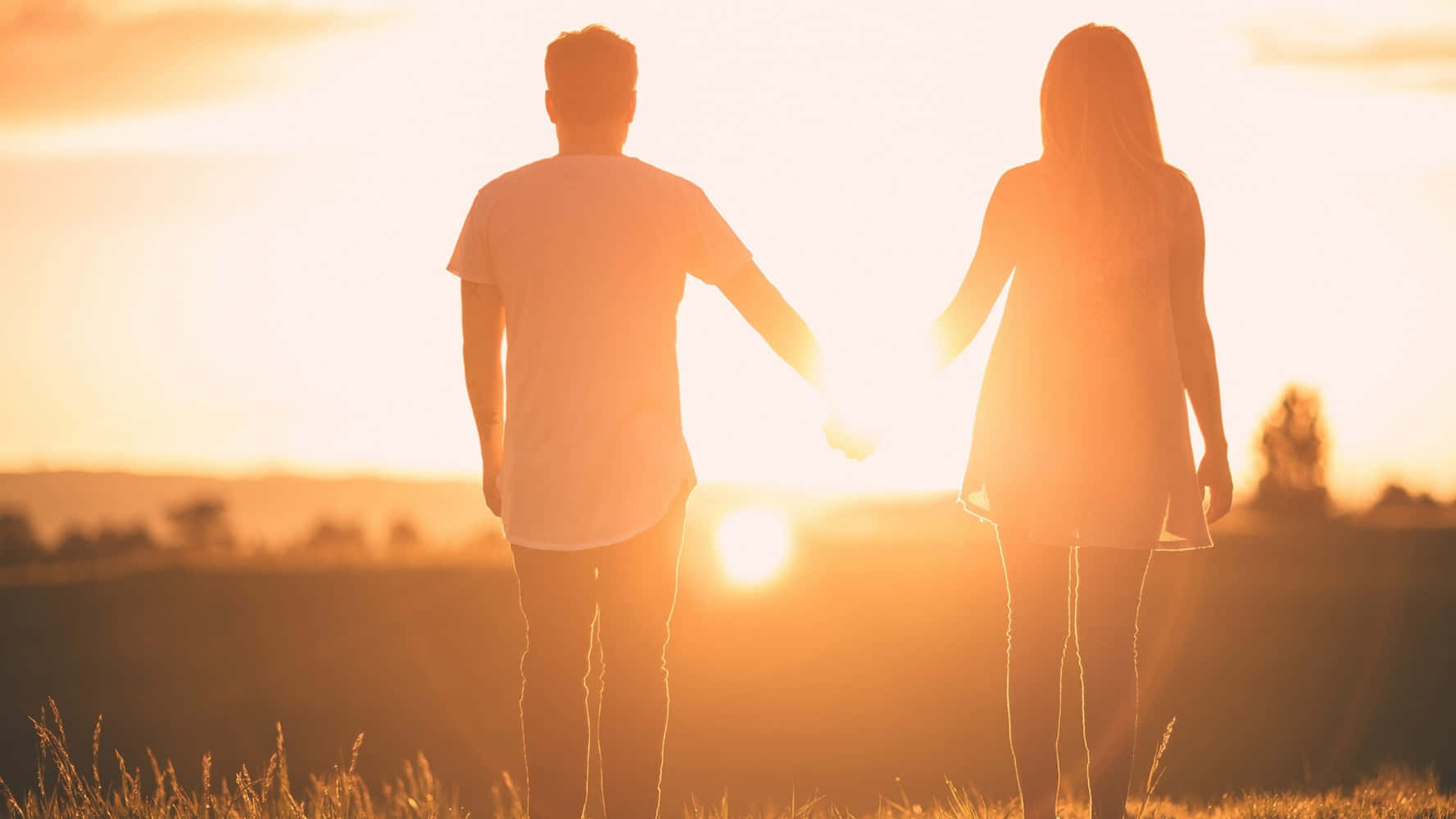 couple love 桌布 壁紙 — 一對情侶手牽手，在草地上走向閃耀的日落。