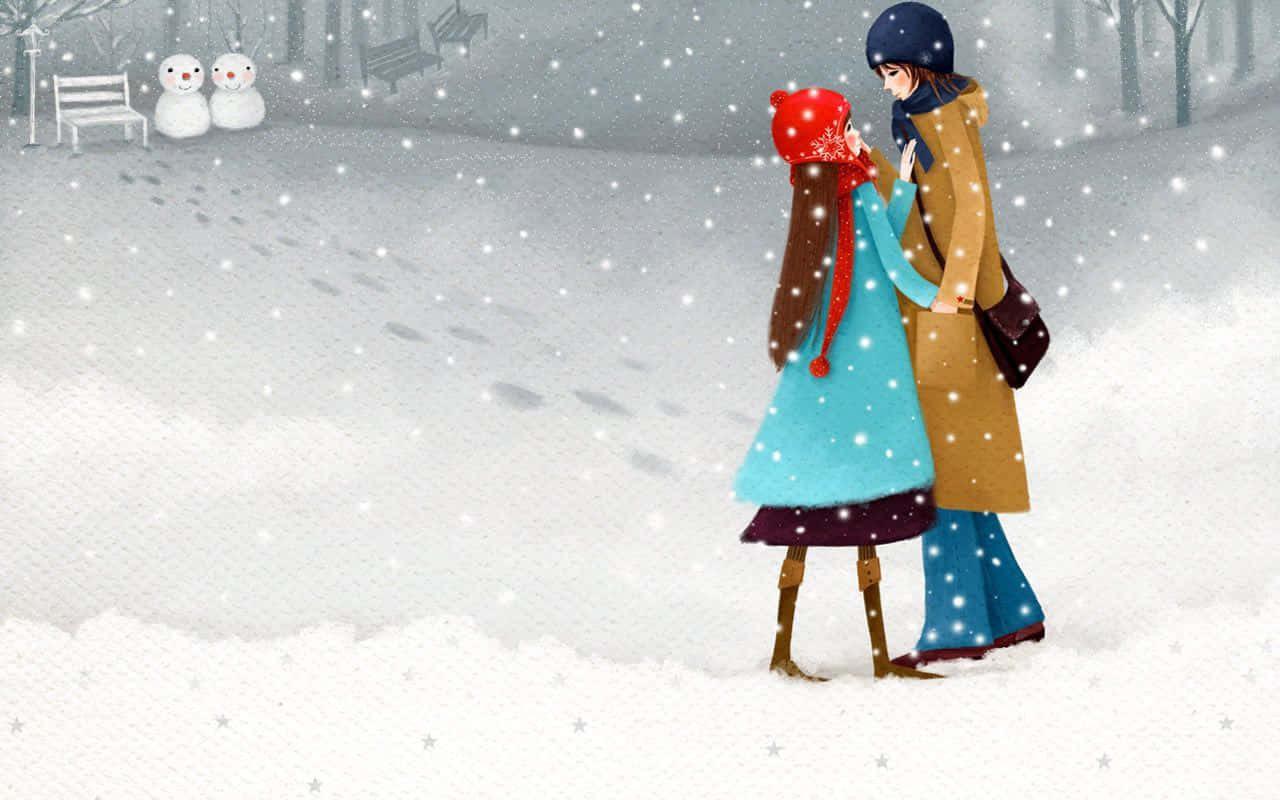 韓國 桌布 壁紙 — 一對情侶手牽手在雪景公園散步，雪花在他們周圍飄落，附近有兩個雪人和長凳。