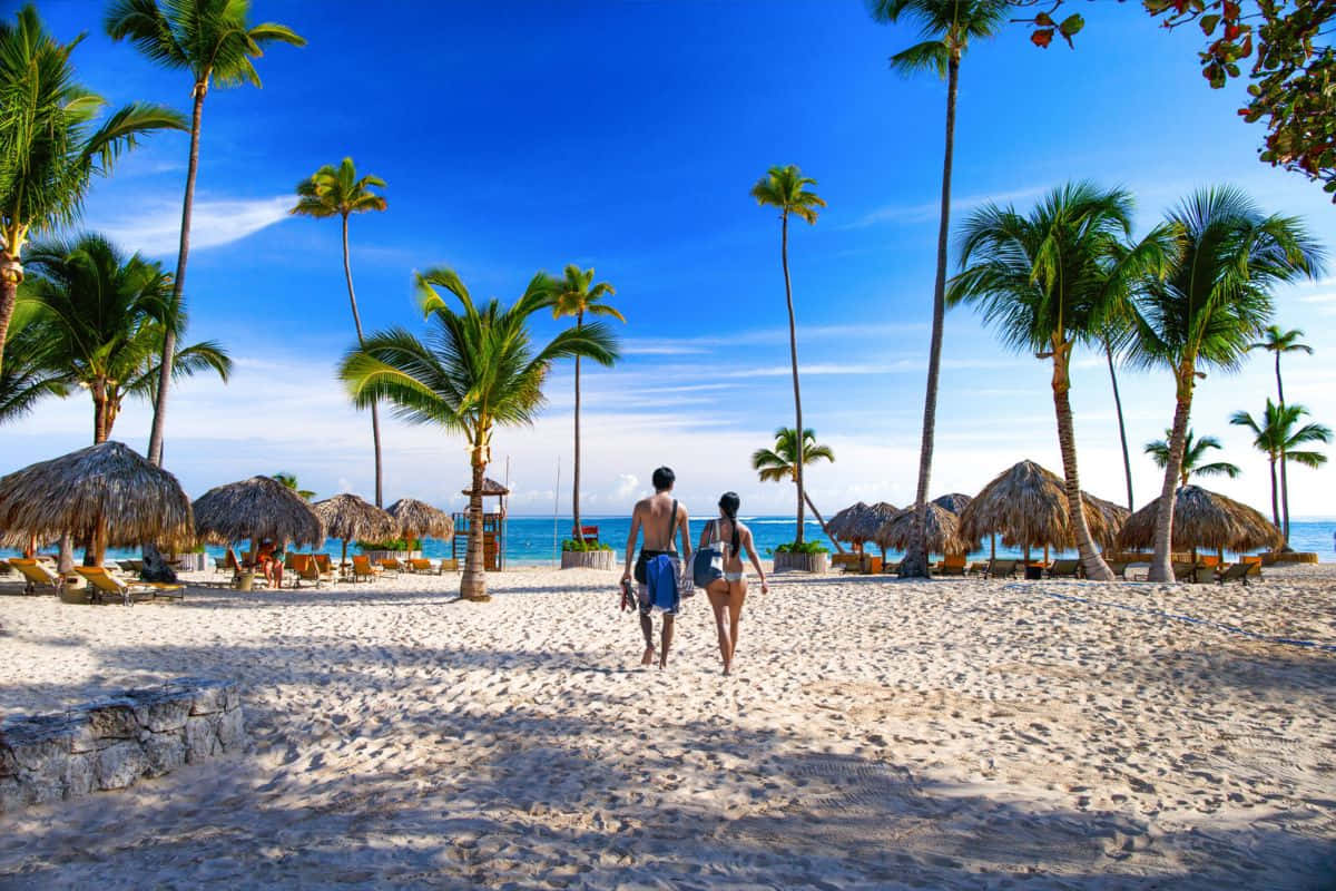 Caribbean Island 桌布 壁紙 — 一對情侶手牽手漫步在陽光明媚的熱帶海灘上，兩旁種滿棕櫚樹和茅草傘，頭頂是清澈的藍天。