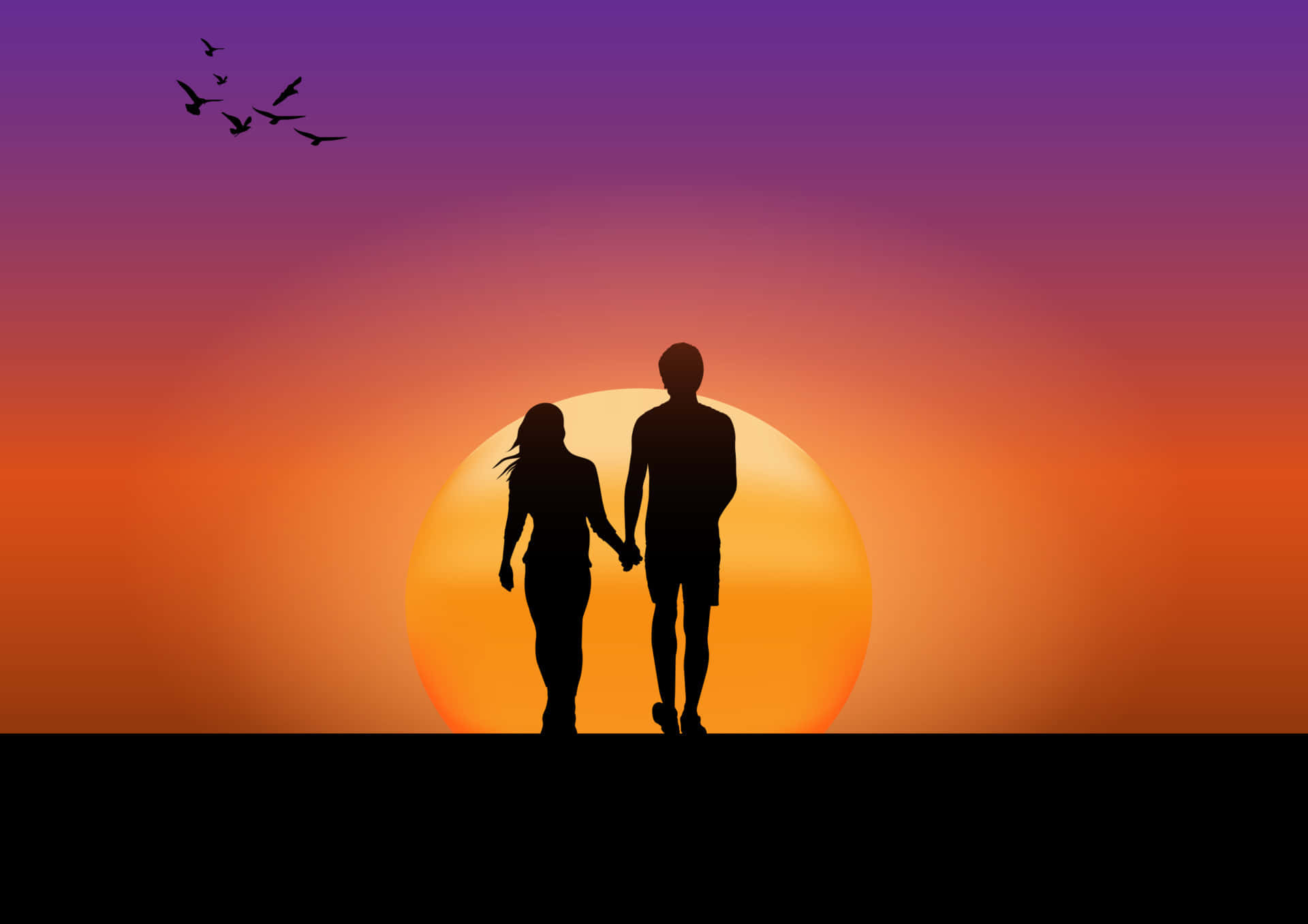 Couple Sunset 桌布 壁紙 — 一對情侶手牽手的剪影，走向光芒四射的日落，頭頂有鳥兒飛翔。