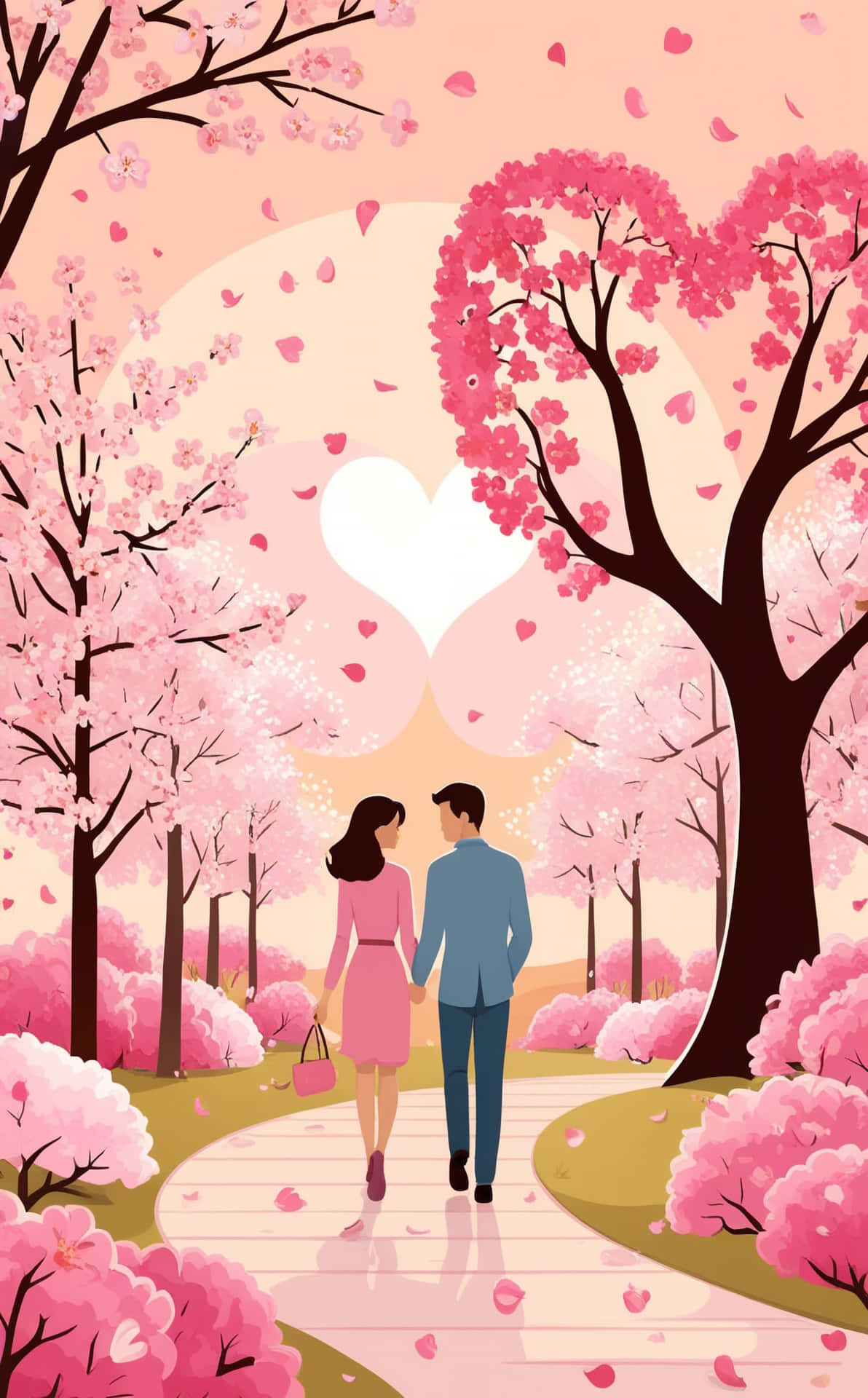 A couple strolls hand in hand through a park adorned with blooming pink trees. 壁紙 — 一對情侶手牽手走在心形盛開櫻花樹下的小徑上，花瓣飄落。