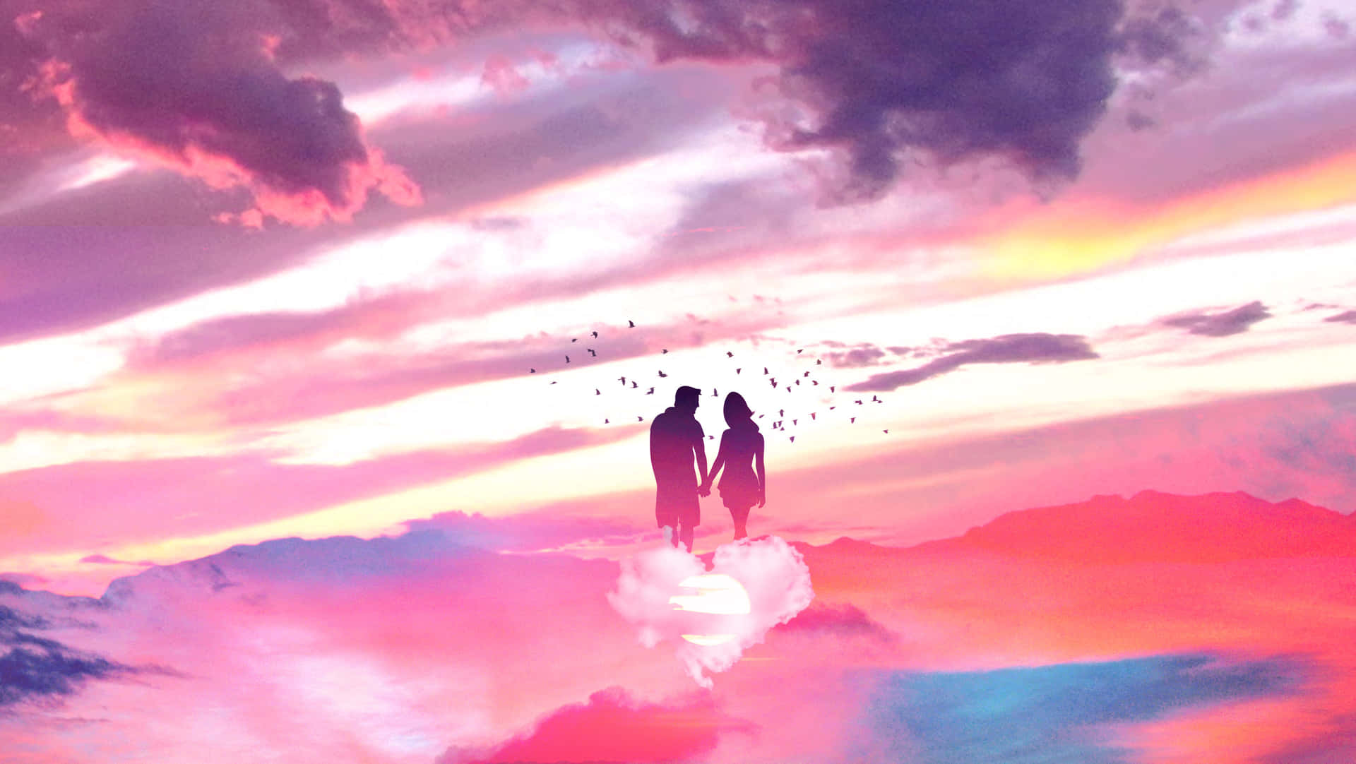 Love Couple 桌布 壁紙 — 一對情侶手牽手走在雲端上，背景是充滿活力的粉紅和紫色日落天空，鳥兒在他們周圍飛翔。