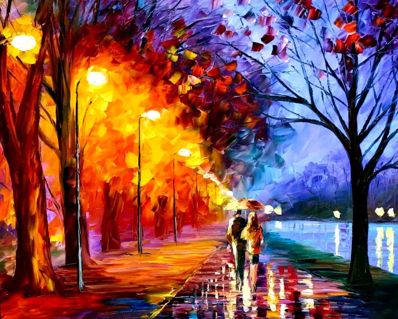 Oil Painting 桌布 壁紙 — 一對情侶撐著傘，沿著一條被雨水浸濕的小路行走，兩旁是火紅的秋樹和發光的街燈。