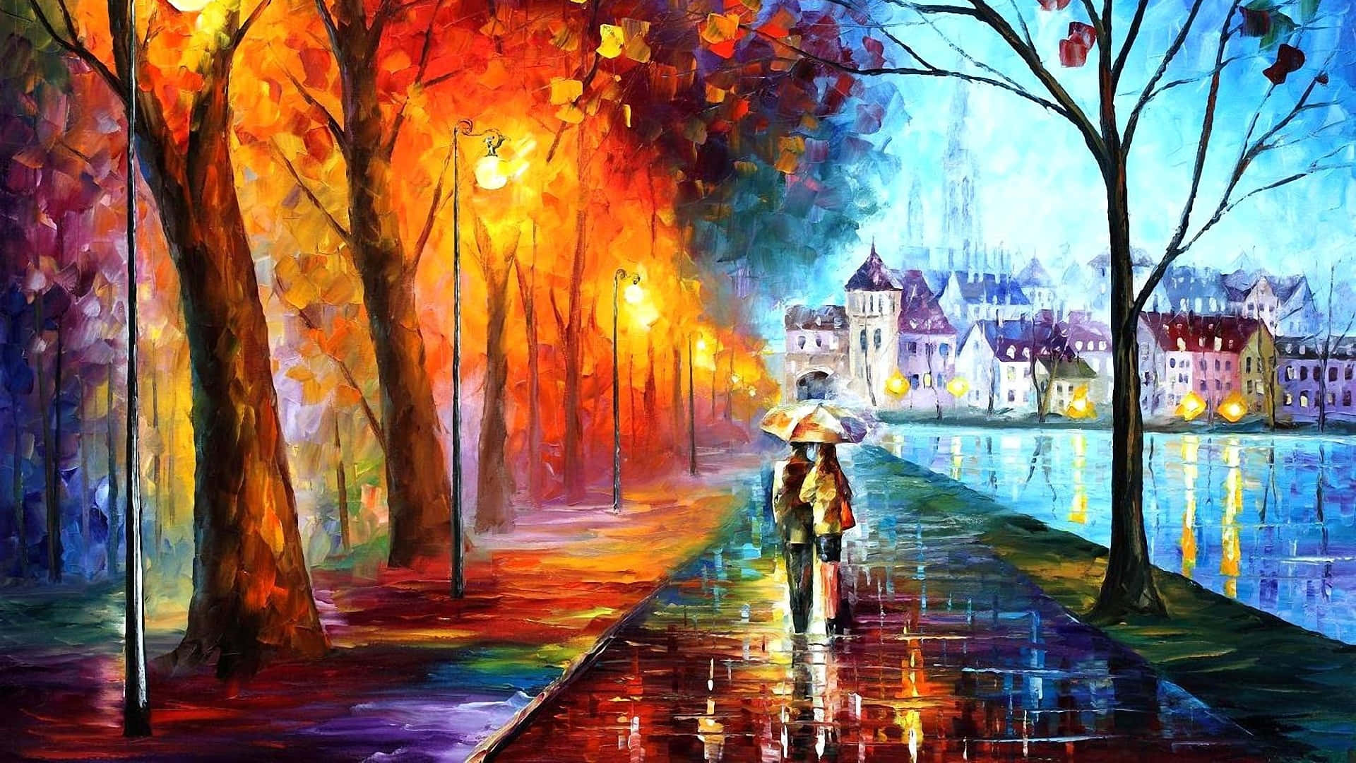 Impressionism 桌布 壁紙 — 一對情侶撐著傘，沿著一條被雨水浸濕的小徑行走，兩旁是火紅的秋樹，倒映在水中。