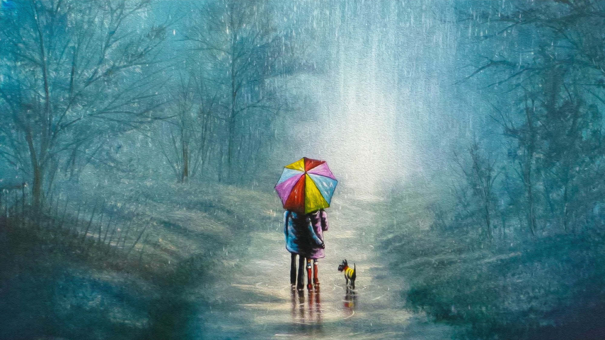 Painting 桌布 壁紙 — 一對情侶撐著鮮豔的彩虹傘，在雨中霧氣瀰漫的森林小徑上遛一隻小狗。