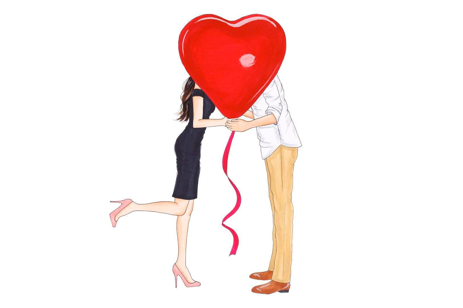 Love Drawings 桌布 壁紙 — 一對情侶擁抱著，手持一個巨大的紅色心形氣球遮住他們的臉，背景是純白色。