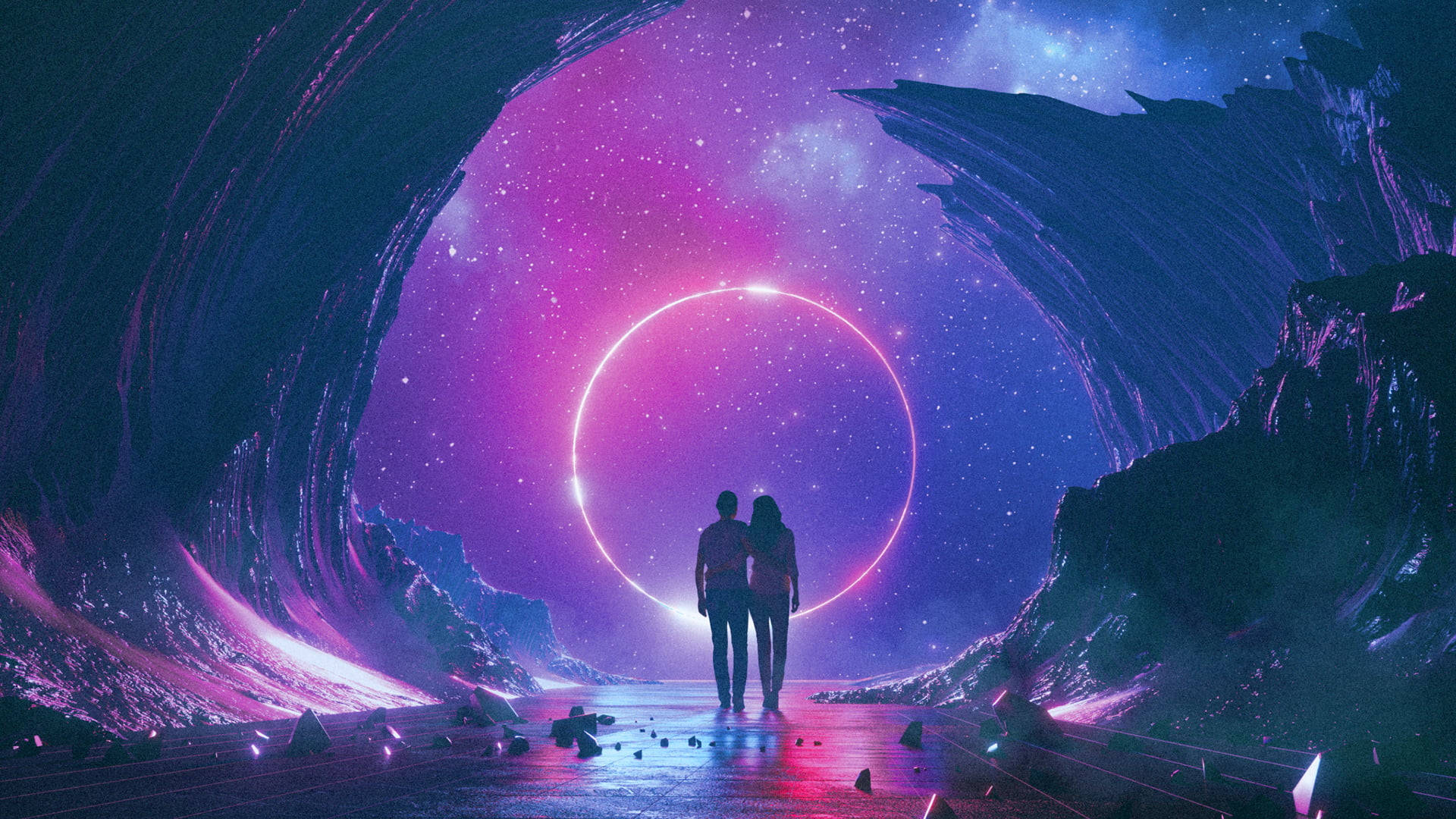 月亮與星星 桌布 壁紙 — 一對情侶敬畏地站在一個發光的宇宙環前，周圍環繞著旋轉的星雲和參差不齊的外星岩石 formations。