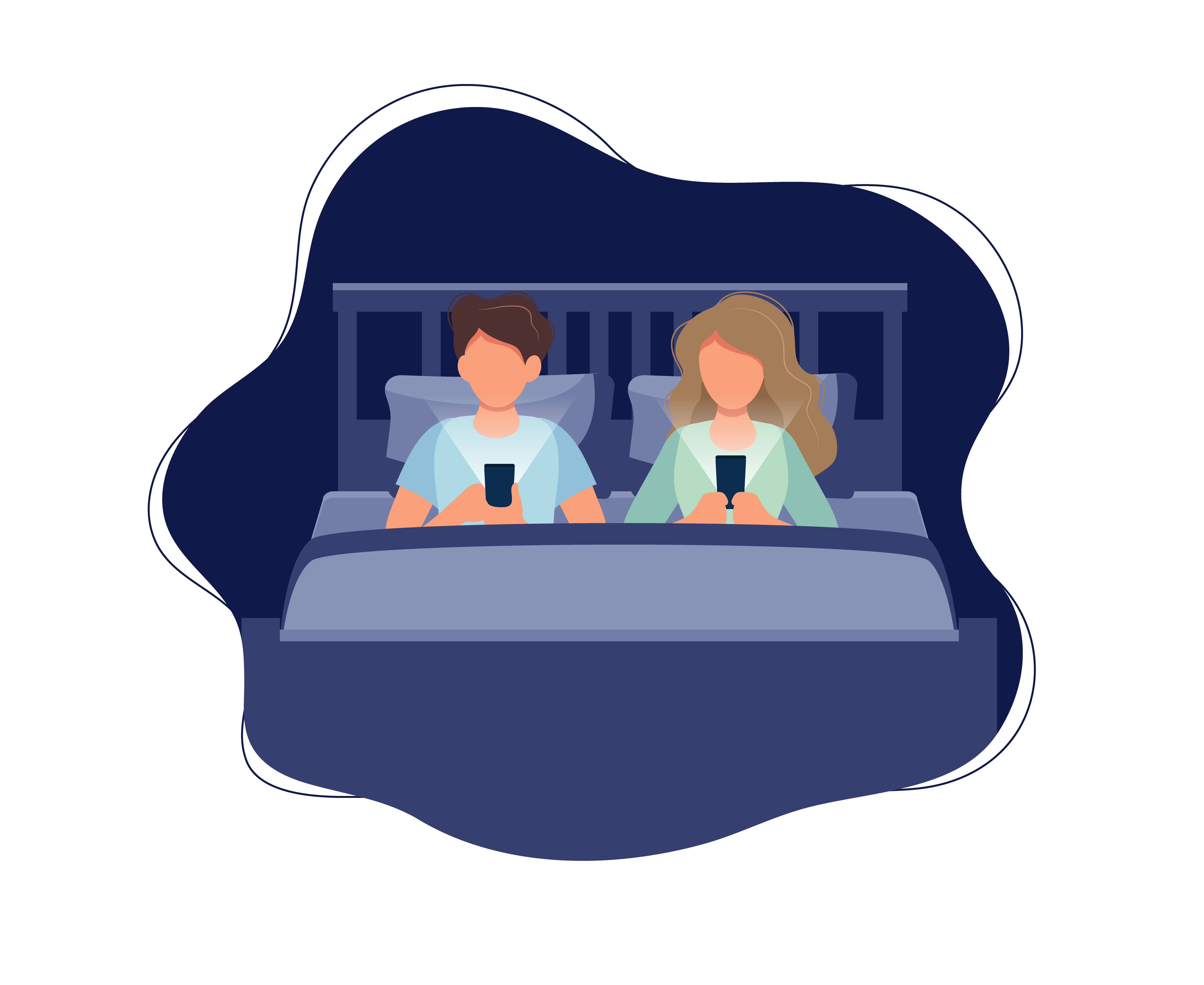 Cute Couple Cartoon 桌布 壁紙 — 一對情侶晚上坐在床上，各自沉浸在柔和藍光下的手機中。