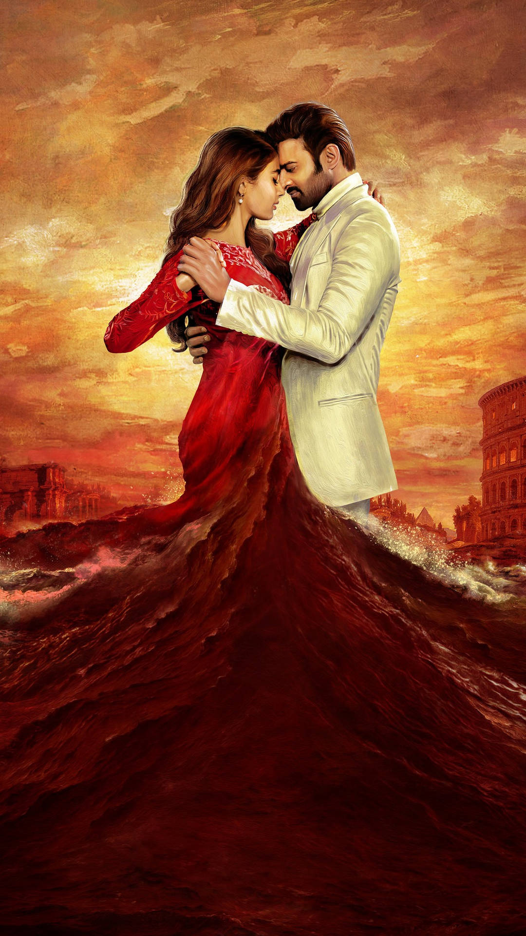 Couple 桌布 壁紙 — 一對情侶熱情擁抱，女士的紅色連衣裙如水般在他們身下流動，背景是熾熱的日落天空和古代遺跡。