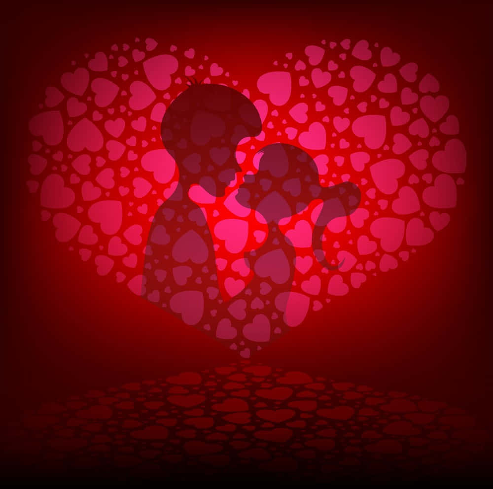 Lovers 桌布 壁紙 — 一對情侶的剪影，在由層層紅色心形組成的發光心形內擁抱，背景為深紅色。