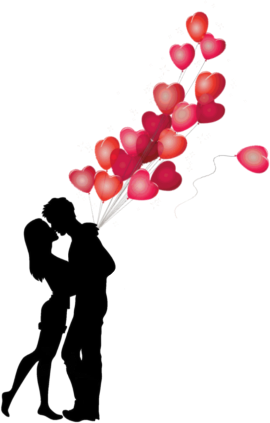 Love Couple 桌布 壁紙 — 一對情侶的剪影，手持一串發光的紅色心形氣球，背景為黑色，點綴著閃爍的星星。