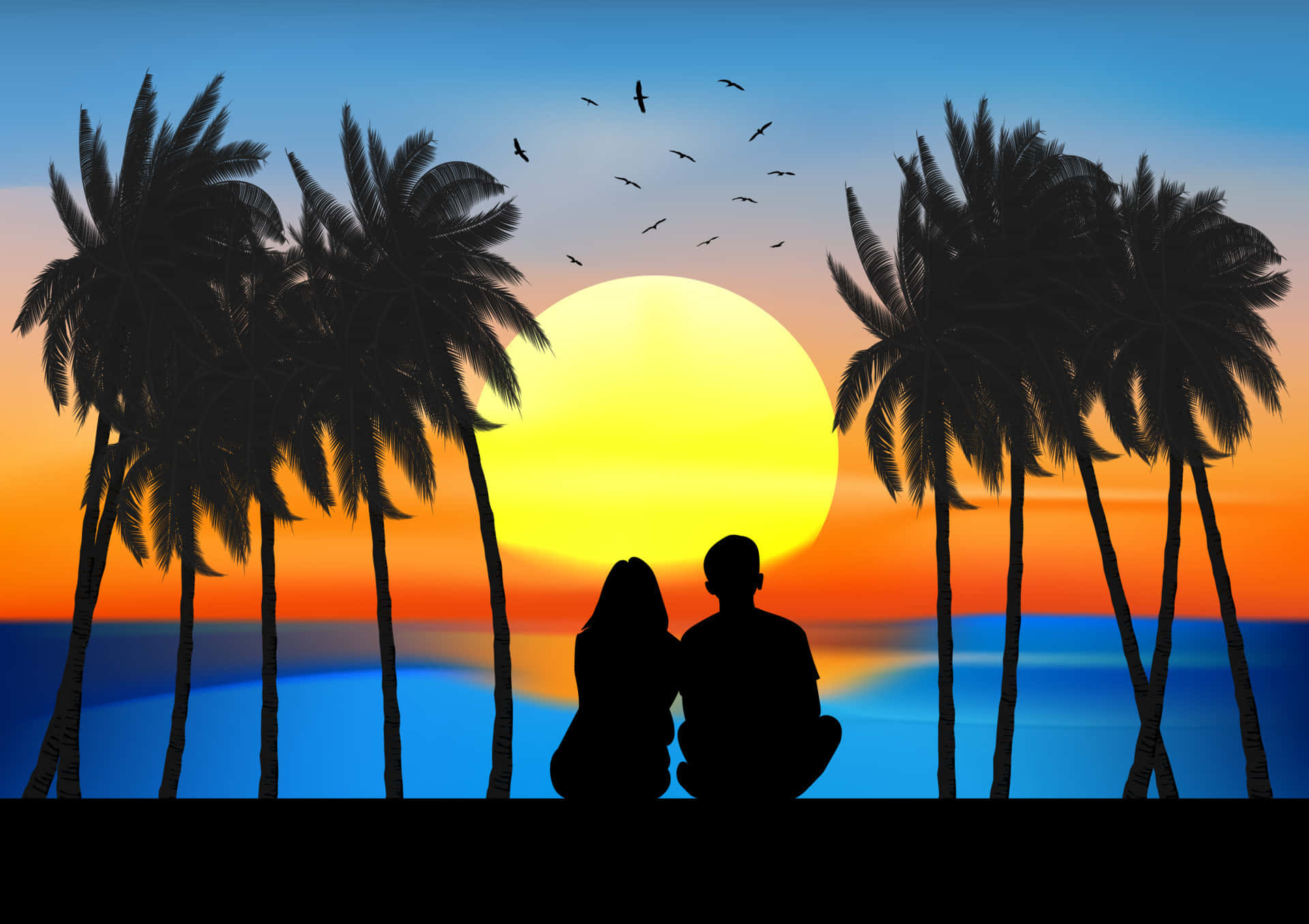 海洋 桌布 壁紙 — 一對情侶的剪影坐在棕櫚樹下，巨大的太陽在海洋上落下，鳥兒在上空飛翔。