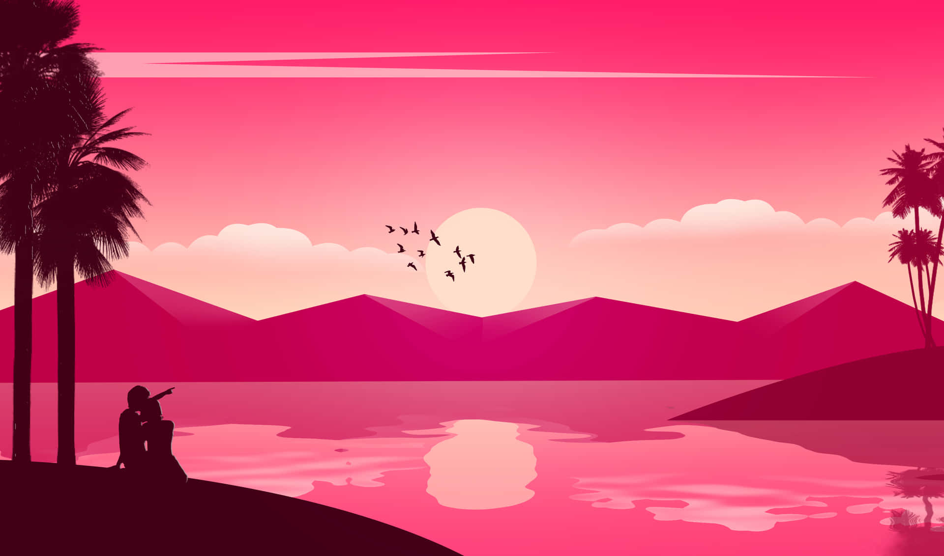 Mountains Sunset 桌布 壁紙 — 一對情侶的剪影坐在粉紅色的湖邊，夕陽下鳥兒飛過發光的太陽，背景是風格化的山脈。