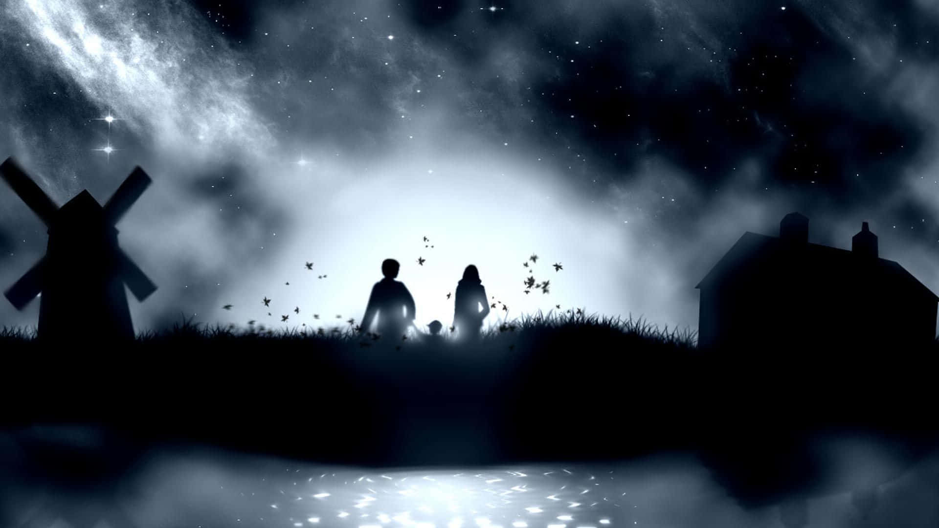 Dark Love 桌布 壁紙 — 一對情侶的剪影站在長滿草的山丘上，背景是滿天星斗的夜空，附近有風車和房屋。