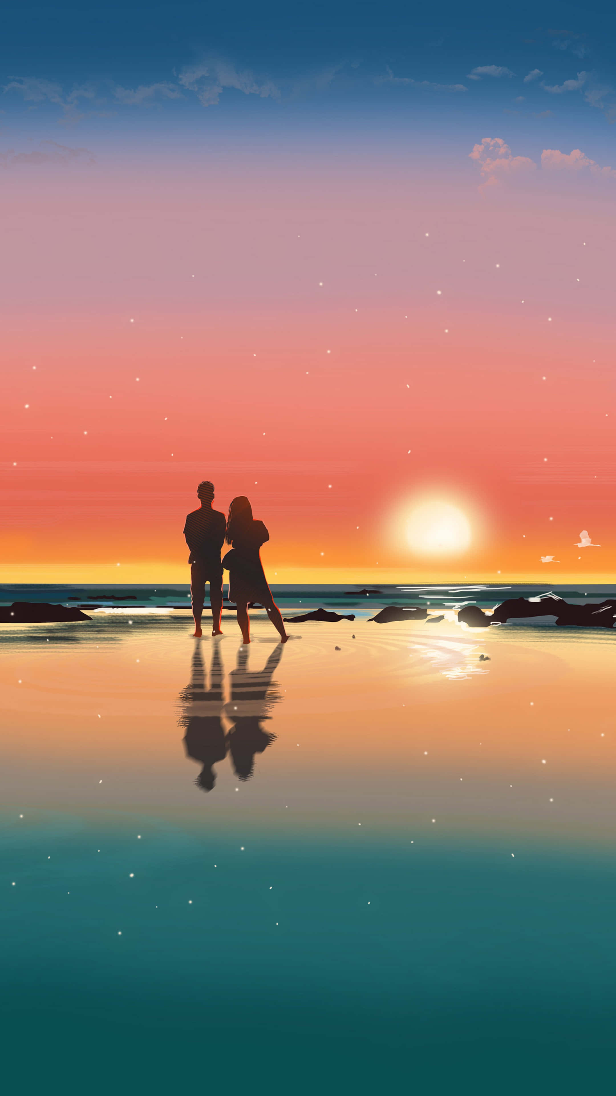Beach Lovers 桌布 壁紙 — 一對情侶站在濕漉漉的海灘上，夕陽在粉紅、橙和藍色的漸變天空中落下，星狀斑點在水中反射。