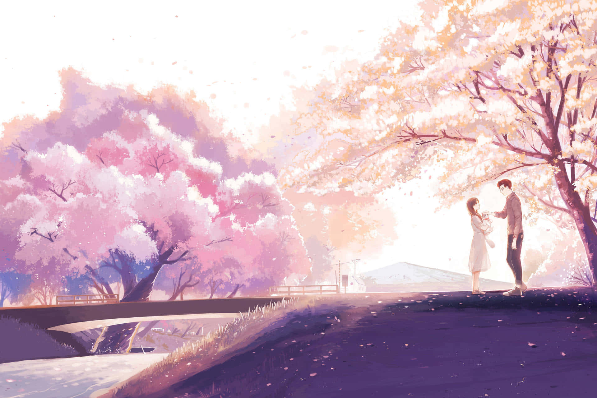 Cherry Blossoms Anime Scenery 桌布 壁紙 — 一對情侶站在盛開的櫻花樹下，柔軟的粉紅色花瓣在夢幻般的春天場景中飄落。