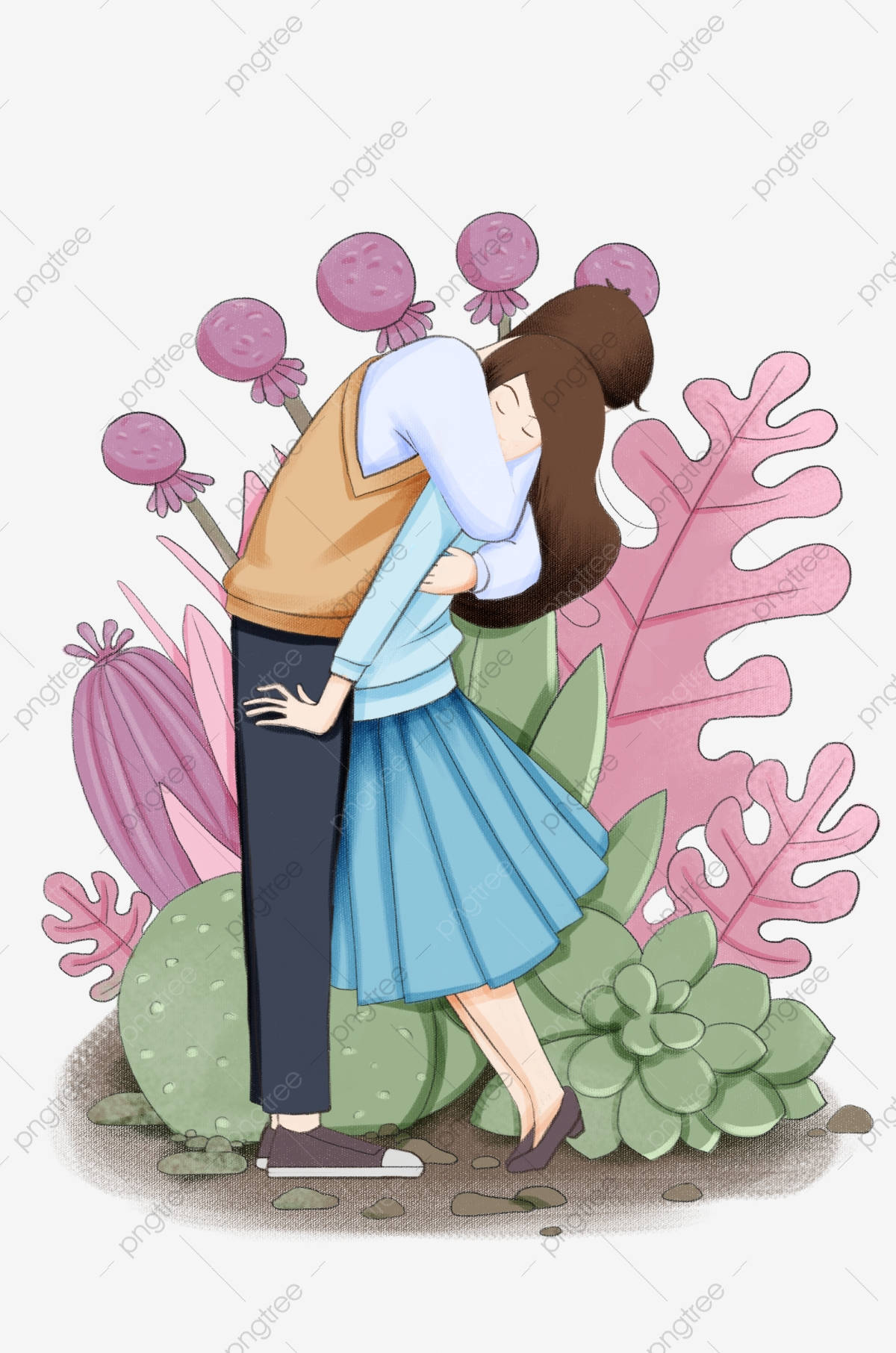 Cute Couple Cartoon 桌布 壁紙 — 一對情侶被粉紅色和綠色的多肉植物以及夢幻花朵包圍，溫柔相擁。