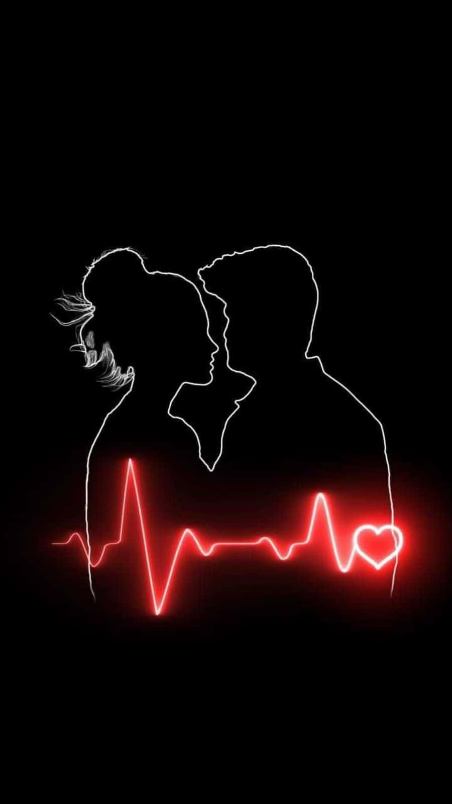 lover 桌布 壁紙 — 一對情侶面對面的剪影，發光的紅色心跳線形成他們的下半身，背景為黑色。