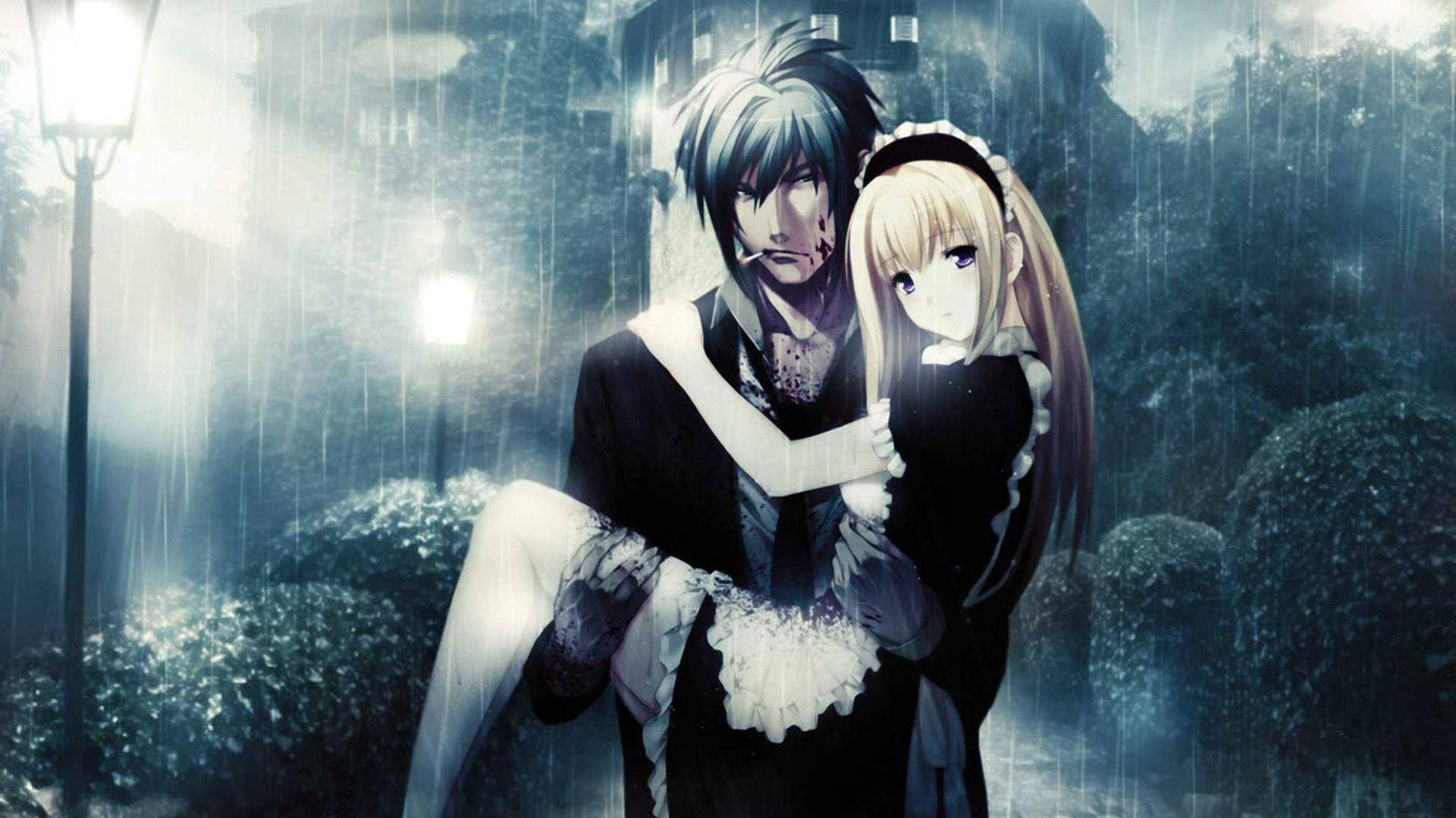 Anime Hug 桌布 壁紙 — 一對憂鬱的動漫情侶在雨淋濕的街燈下，於夜間霧氣瀰漫的花園中擁抱。