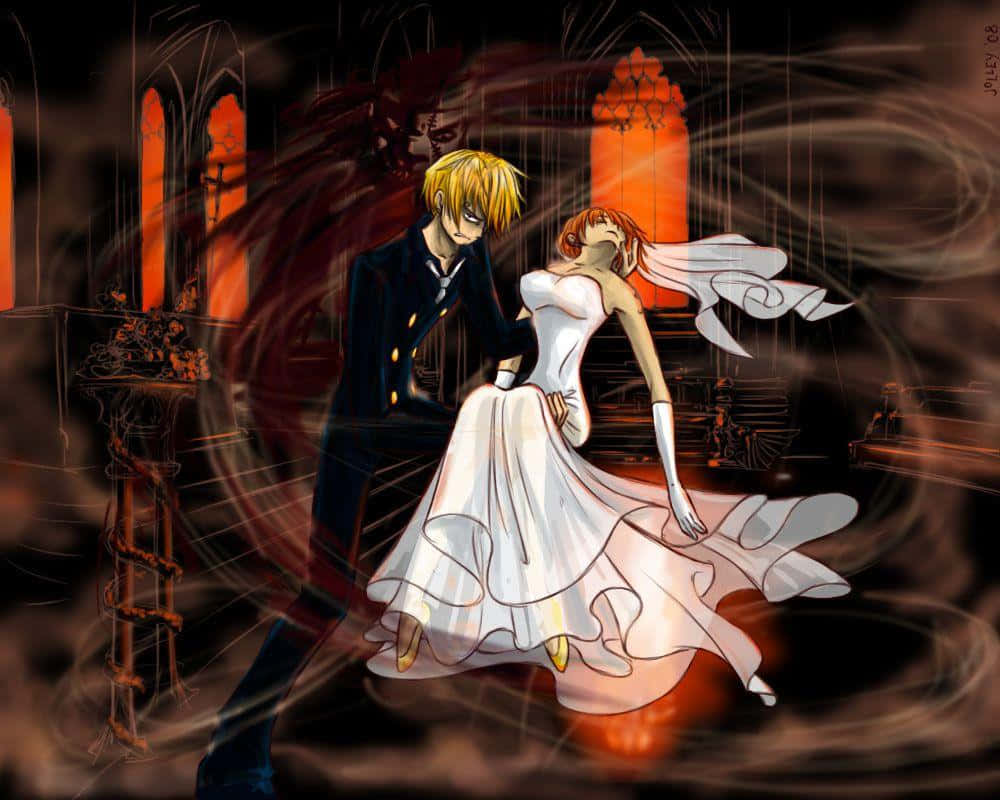 Thriller Bark 桌布 壁紙 — 一對戲劇性的動漫情侶穿著婚紗，站在一座哥德式大教堂中，周圍環繞著旋轉的黑暗能量和發光的橙色彩繪玻璃。