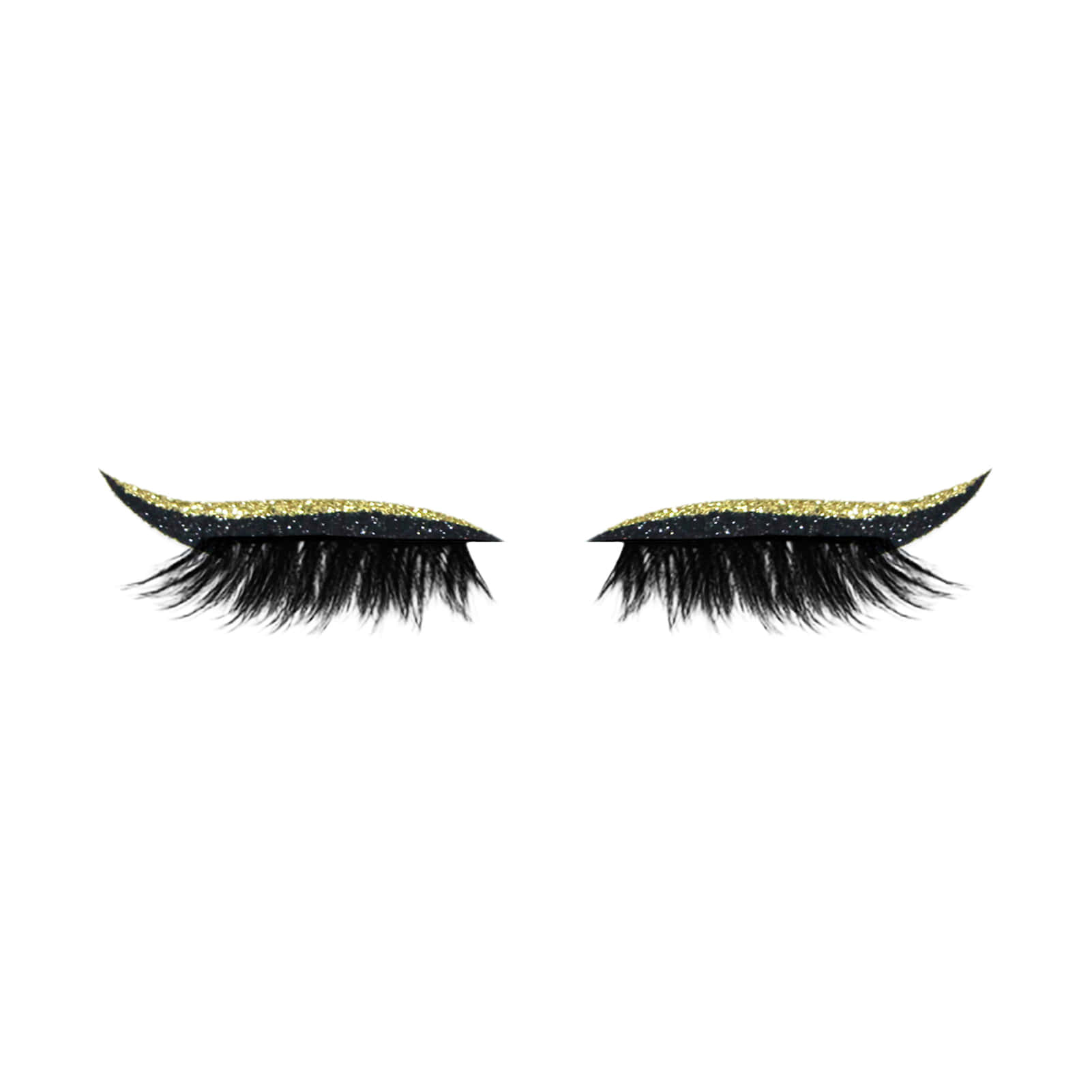 Eyelashes 桌布 壁紙 — 一對戲劇性的黑色假睫毛，帶有閃閃發光的金色翼尖，襯托在純白背景上。