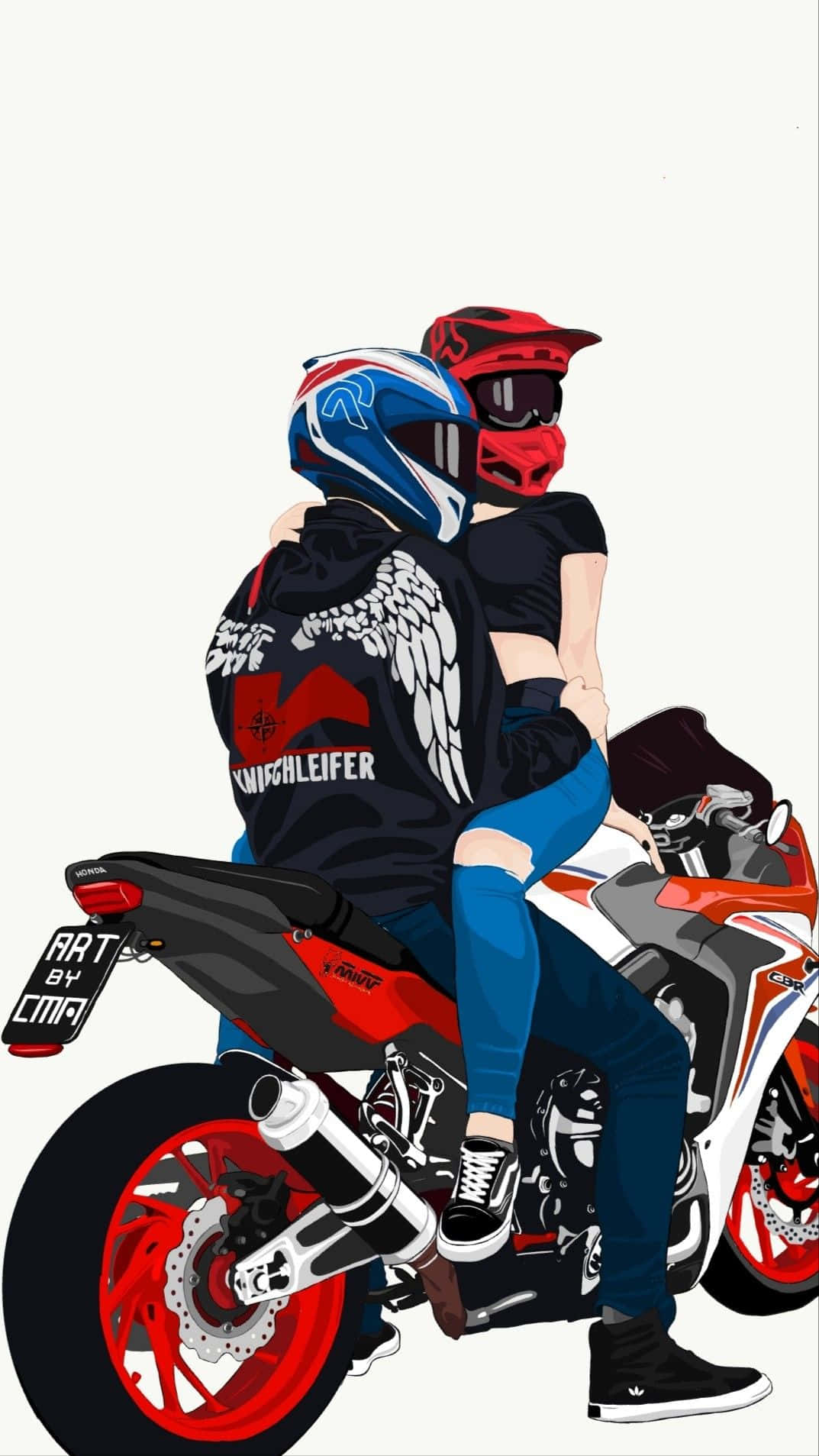 biker 桌布 壁紙 — 一對戴著安全帽的時尚情侶在素色背景前擁抱在一輛紅白運動機車上。