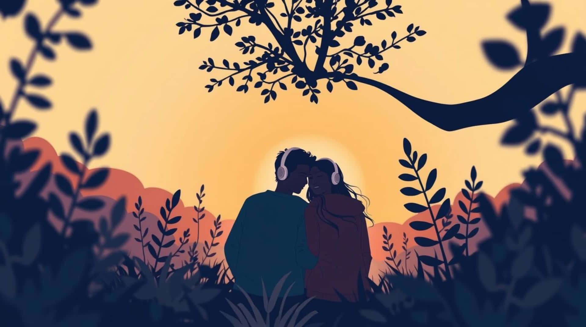 Young couple shares intimate sunset moment listening to music together under a tree 壁紙 — 一對戴著耳機的情侶在日落時分於樹下擁抱，呈現溫暖的橙色和藍色剪影。