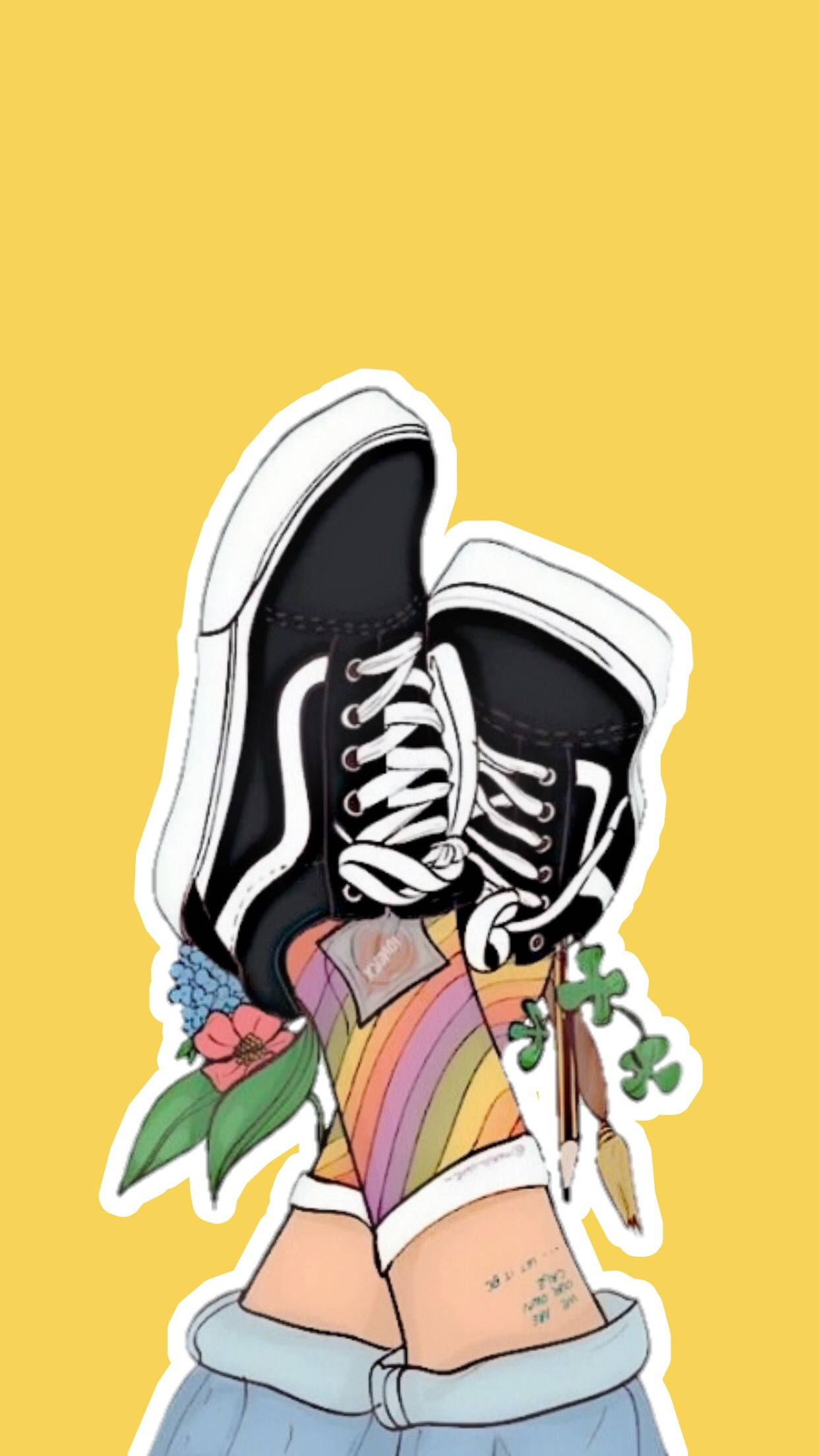 Vans 桌布 壁紙 — 一對插圖風格的黑色運動鞋，配有白色鞋帶和彩虹色點綴，背景為純黃色。