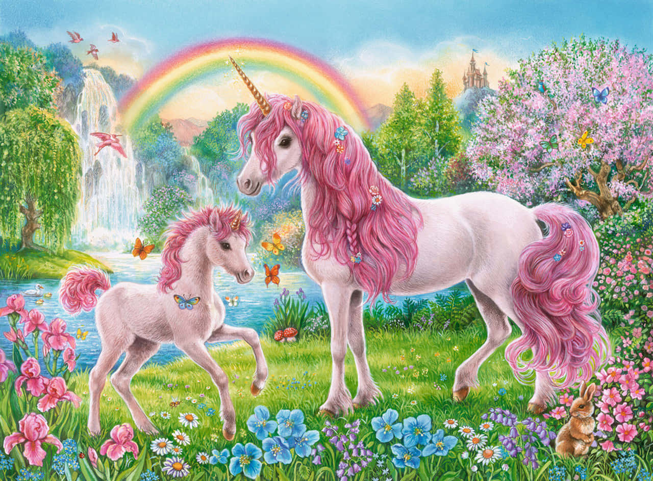 Unicorns 桌布 壁紙 — 一對擁有粉紅色鬃毛的獨角獸媽媽和寶寶，站在彩虹下的 vibrant 草地上，附近有瀑布和城堡。