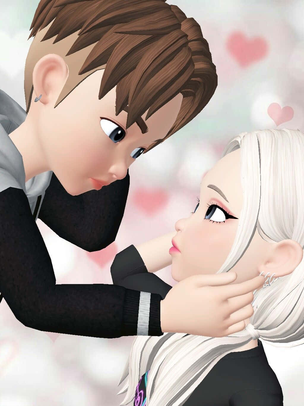 Animojis 桌布 壁紙 — 一對數位動漫情侶在背景中漂浮的柔和粉紅愛心下分享親密時刻。