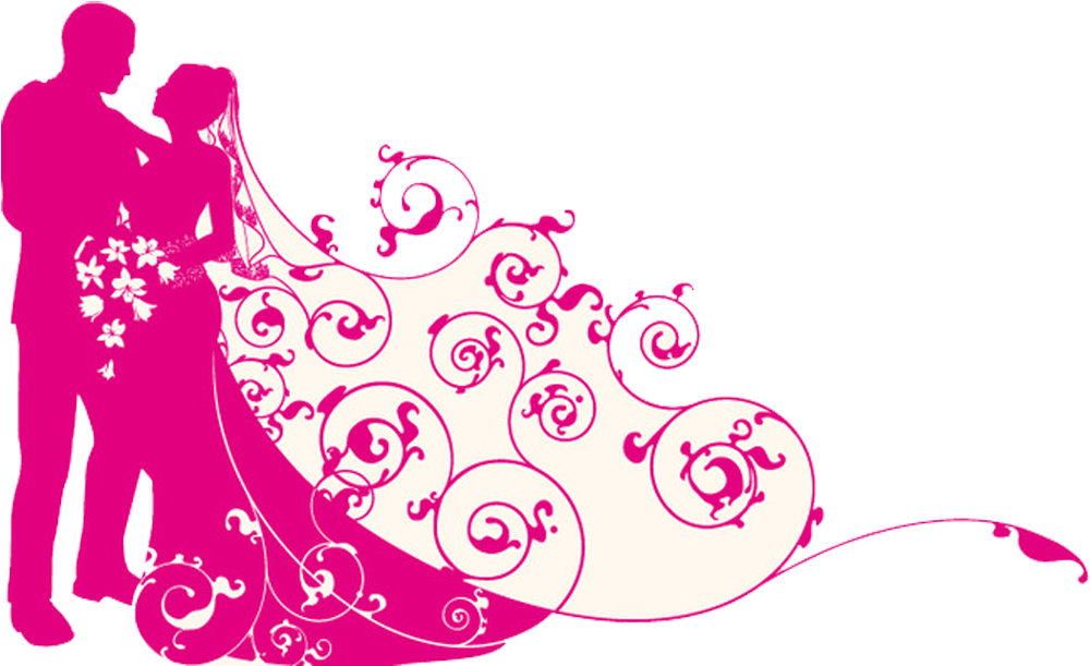 Marriage Clipart 桌布 壁紙 — 一對新人擁抱的鮮豔粉紅色剪影，婚紗上流動著華麗的花卉漩渦。