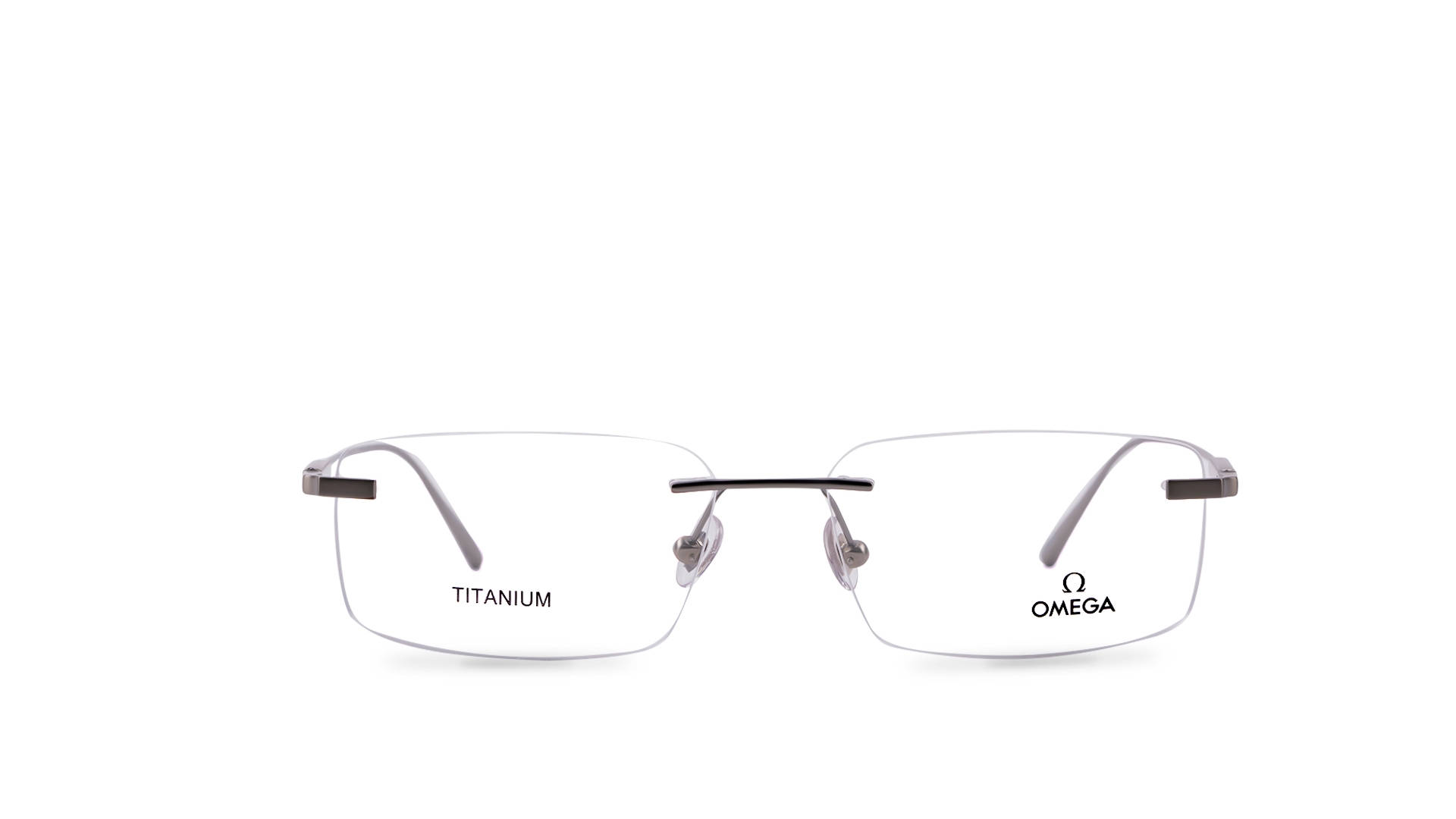 Sunglasses 桌布 壁紙 — 一對時尚的Omega鈦金屬眼鏡，搭配極簡金屬鏡框，展示在潔白背景上。