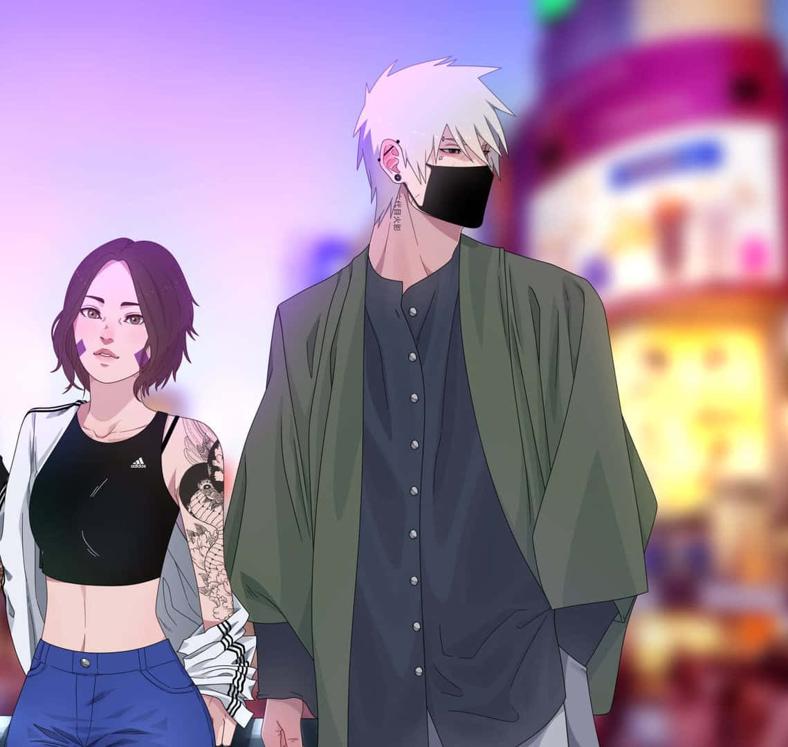 Kakashi And Rin 桌布 壁紙 — 一對時尚的動漫情侶手牽手漫步在黃昏時分充滿活力的霓虹燈城市景觀中。