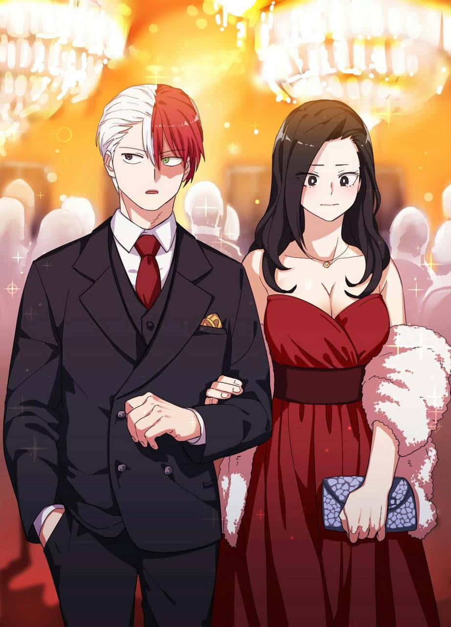 Momo Yaoyorozu 桌布 壁紙 — 一對時尚的動漫情侶穿著正式服裝，站在發光的水晶吊燈下，參加一場閃爍燈光的華麗派對。