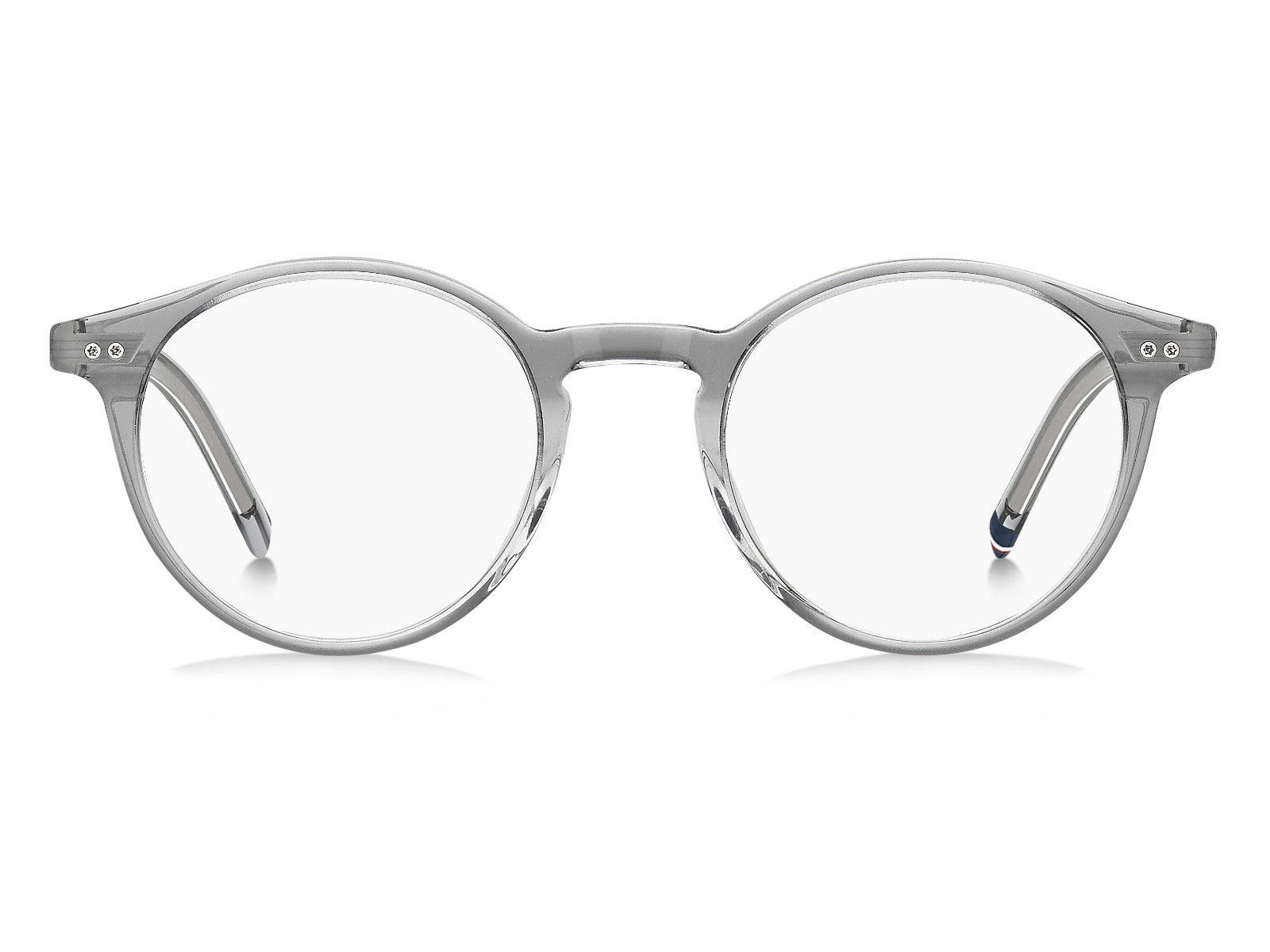 glasses 桌布 壁紙 — 一對時尚的灰色圓框眼鏡，配有透明鏡片和微妙的藍色鏡腿尖端，置於潔白背景上。