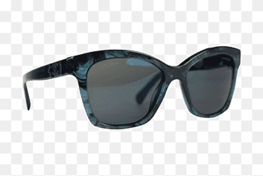 Sunglasses 桌布 壁紙 — 一對時尚的貓眼太陽眼鏡，深藍色大理石紋鏡框，灰色鏡片，置於格紋背景上。