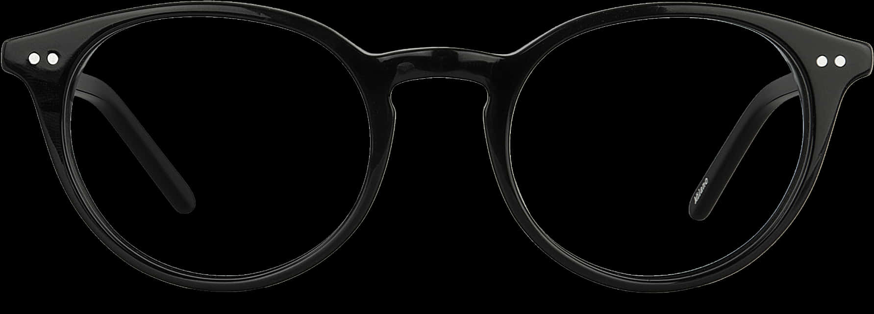 Accessories 桌布 壁紙 — 一對時尚黑色圓框眼鏡，鏡框光面處理，鏡腿帶銀色鉚釘，置於純黑背景上。