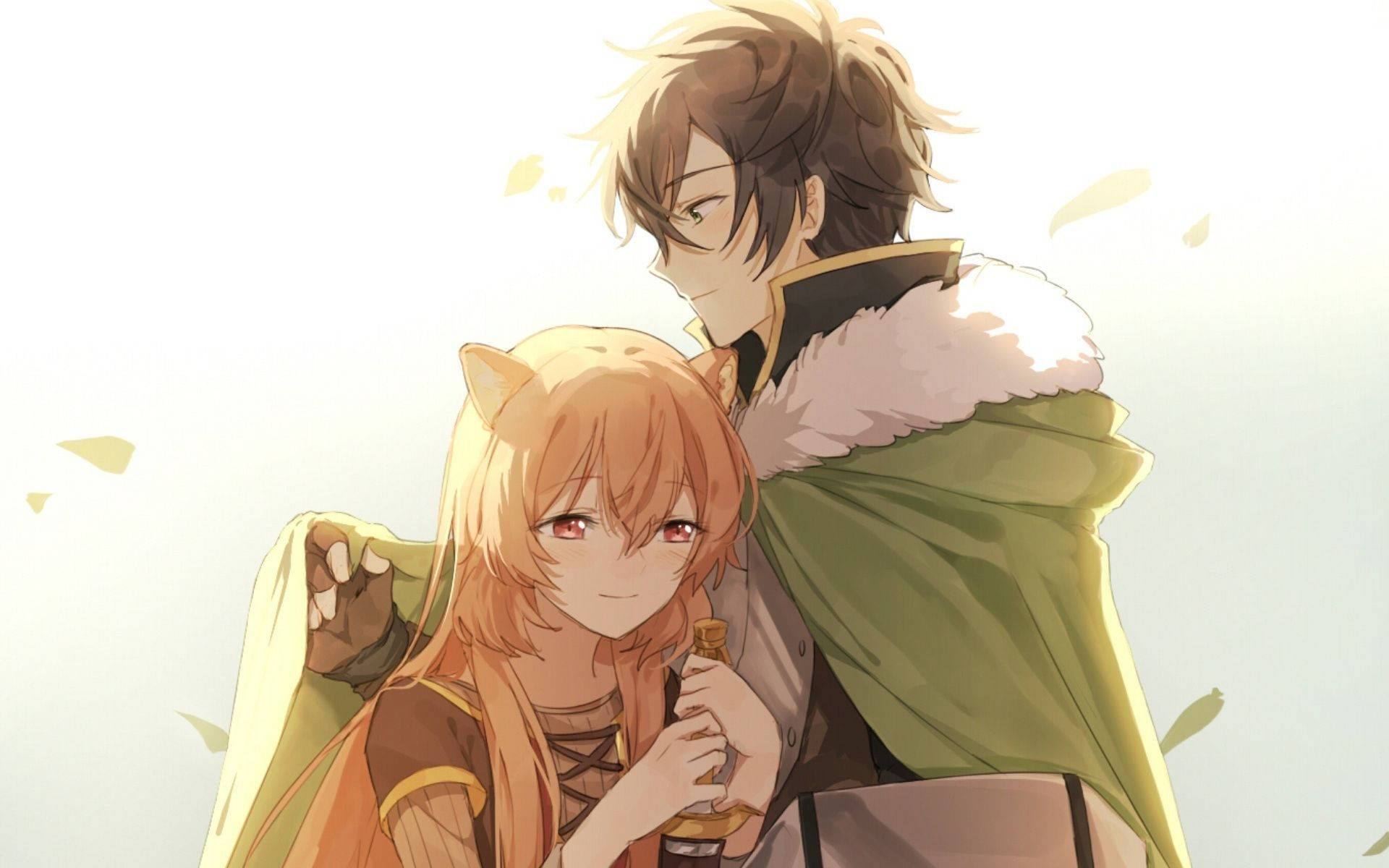 Raphtalia 桌布 壁紙 — 一對暖色調的動漫情侶在柔和的背光下，於飄落的秋葉中分享溫馨時刻。