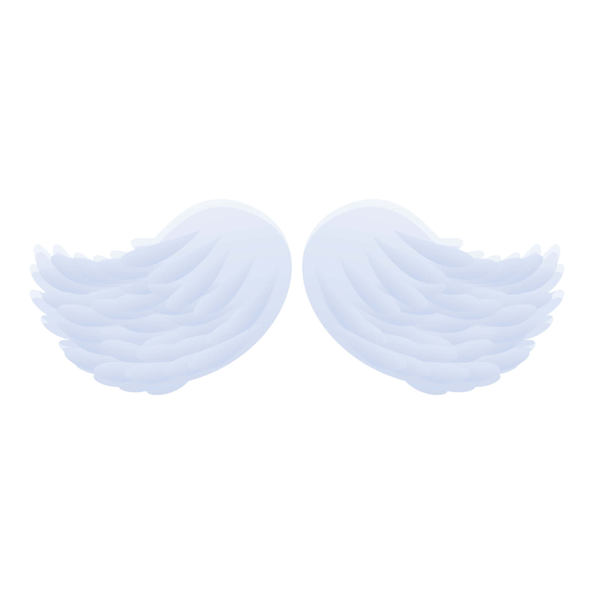 Dove Wings 桌布 壁紙 — 一對柔和的淺藍色天使翅膀，帶有層疊羽毛細節，背景為純白色。